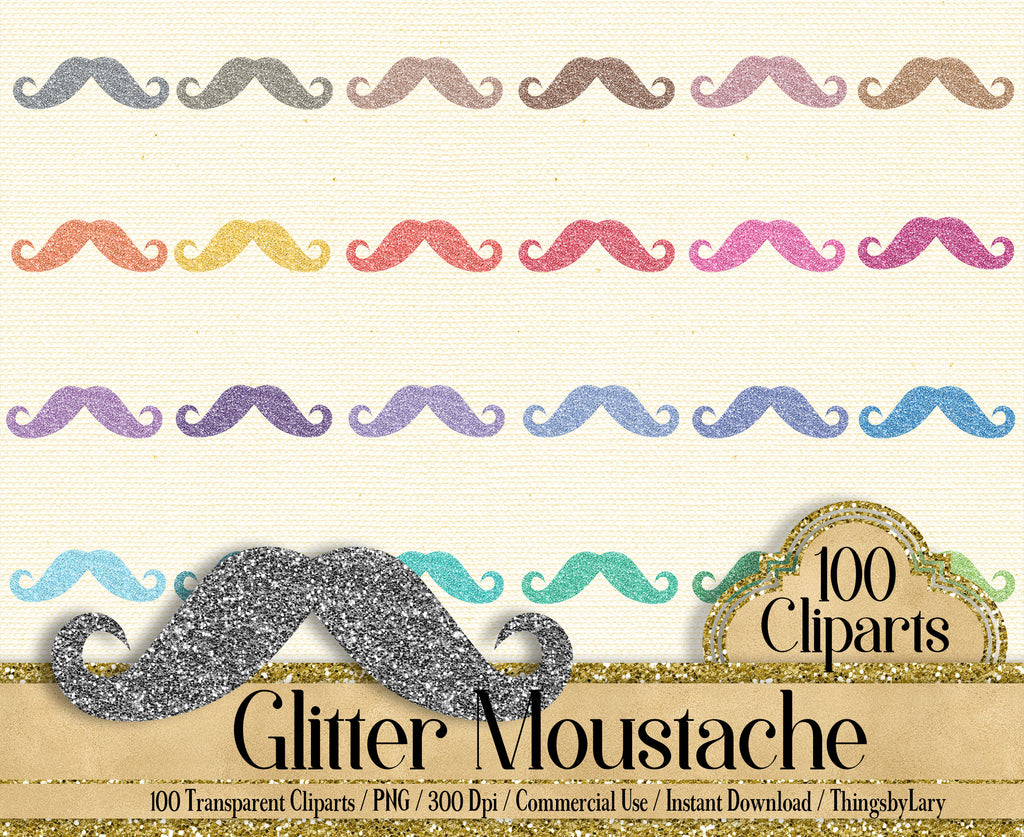 100 Glitter Moustache Clip Arts PNG Transparent Instant Download Commercial Use 300 Dpi, Father Day Scrapbook Kit Digital Clip Arts Movember