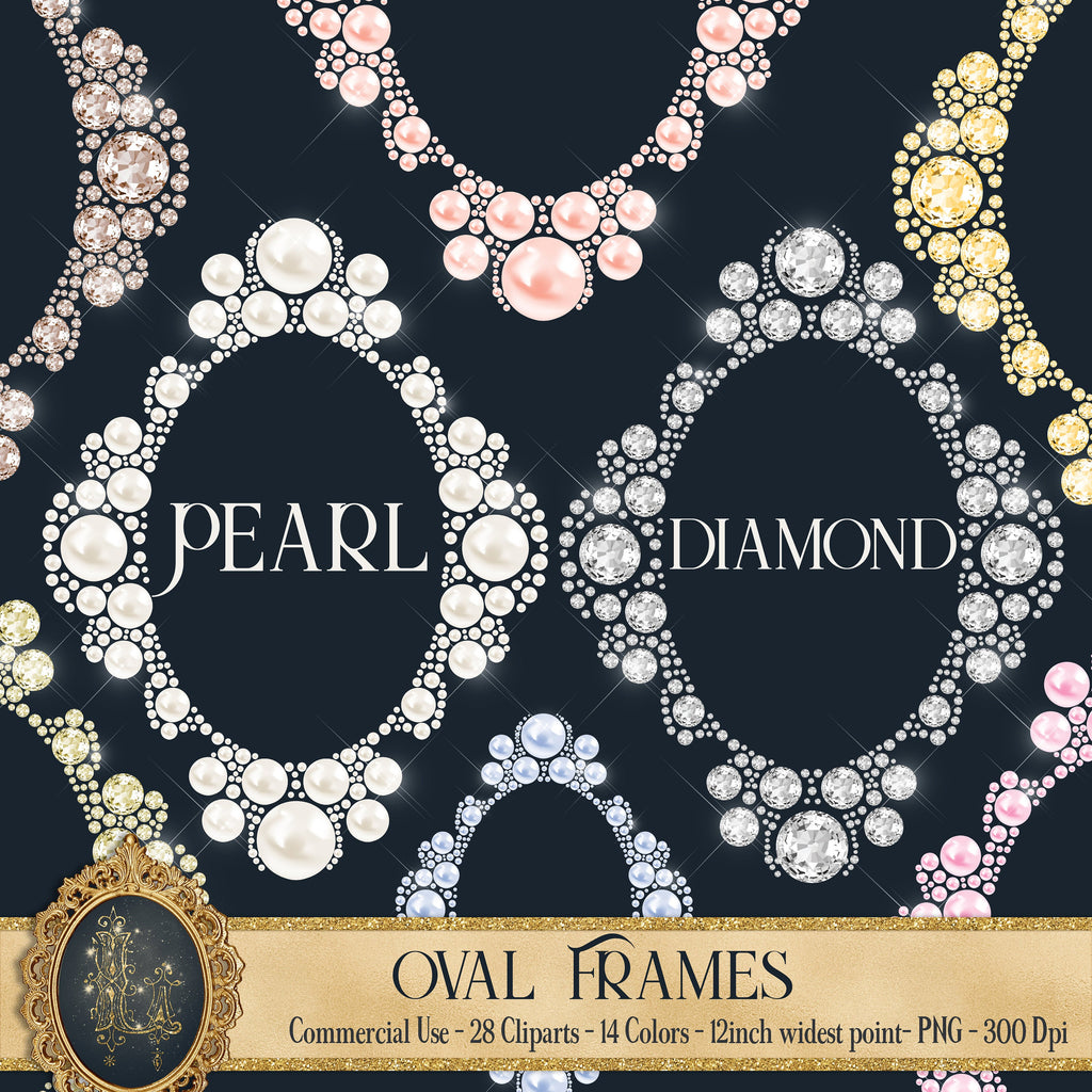 28 Diamond and Pearl Oval Frames, 300 Dpi, Instant Download, Commercial Use, Pearl Clip Art, Diamond Clip Art, Oval Frame Ornament