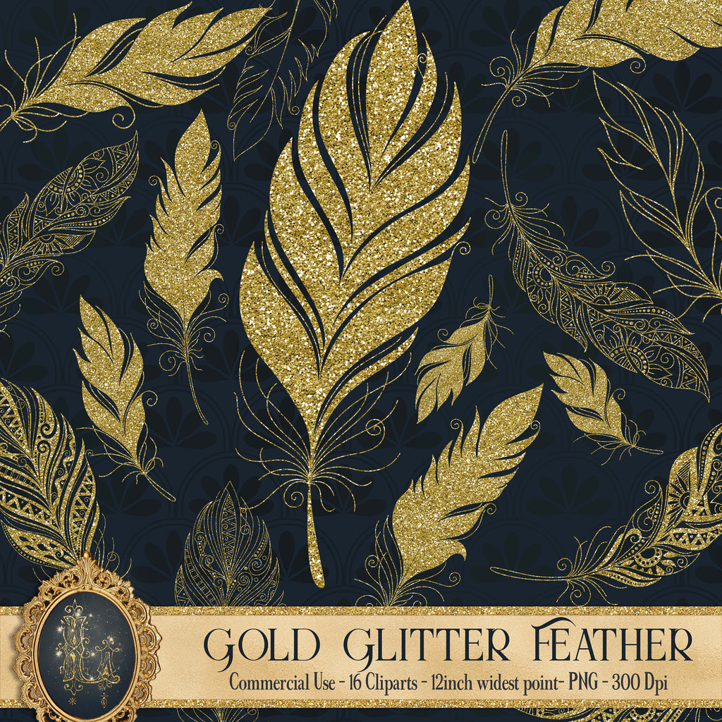 Gold Glitter Feather Sets 16 Cliparts, 300 Dpi, Instant Download, Commercial Use, Boho Feather, Glitter Graphic, Boho Graphic, Gold Feather