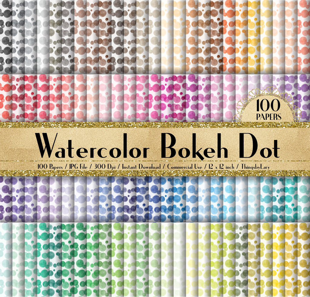 100 Seamless Watercolor Bokeh Dot Paper 2 in 12&quot; x 12&quot;, 300 Dpi Planner Paper, Commercial Use, Scrapbook Papers, Rainbow Paper,Dot Paper