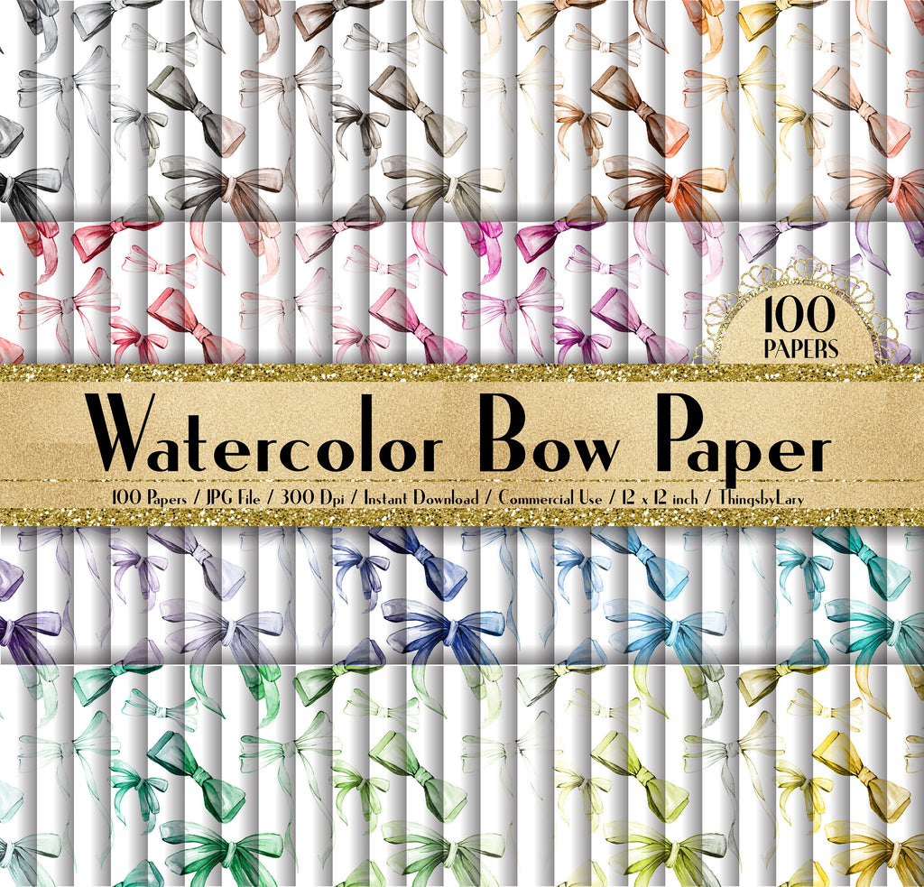 100 Seamless Watercolor Bow Papers in 12inch,300 Dpi Planner Paper,Scrapbook Paper,Rainbow Paper,Watercolor Bow Papers,Seamless Bow Papers