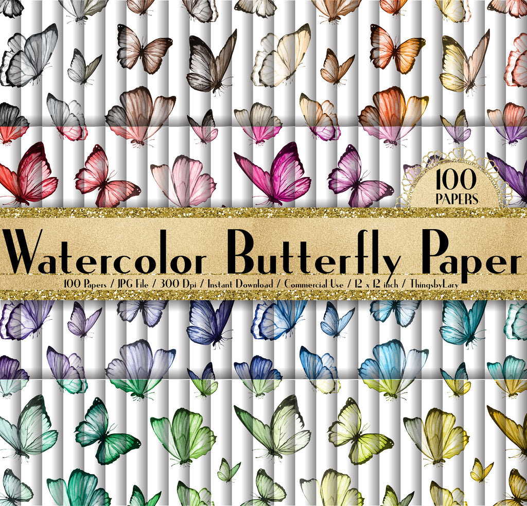 100 Seamless Watercolor Butterfly Paper in 12inch,300 Dpi Planner Paper,Scrapbook Paper,Rainbow Paper,Watercolor butterfly