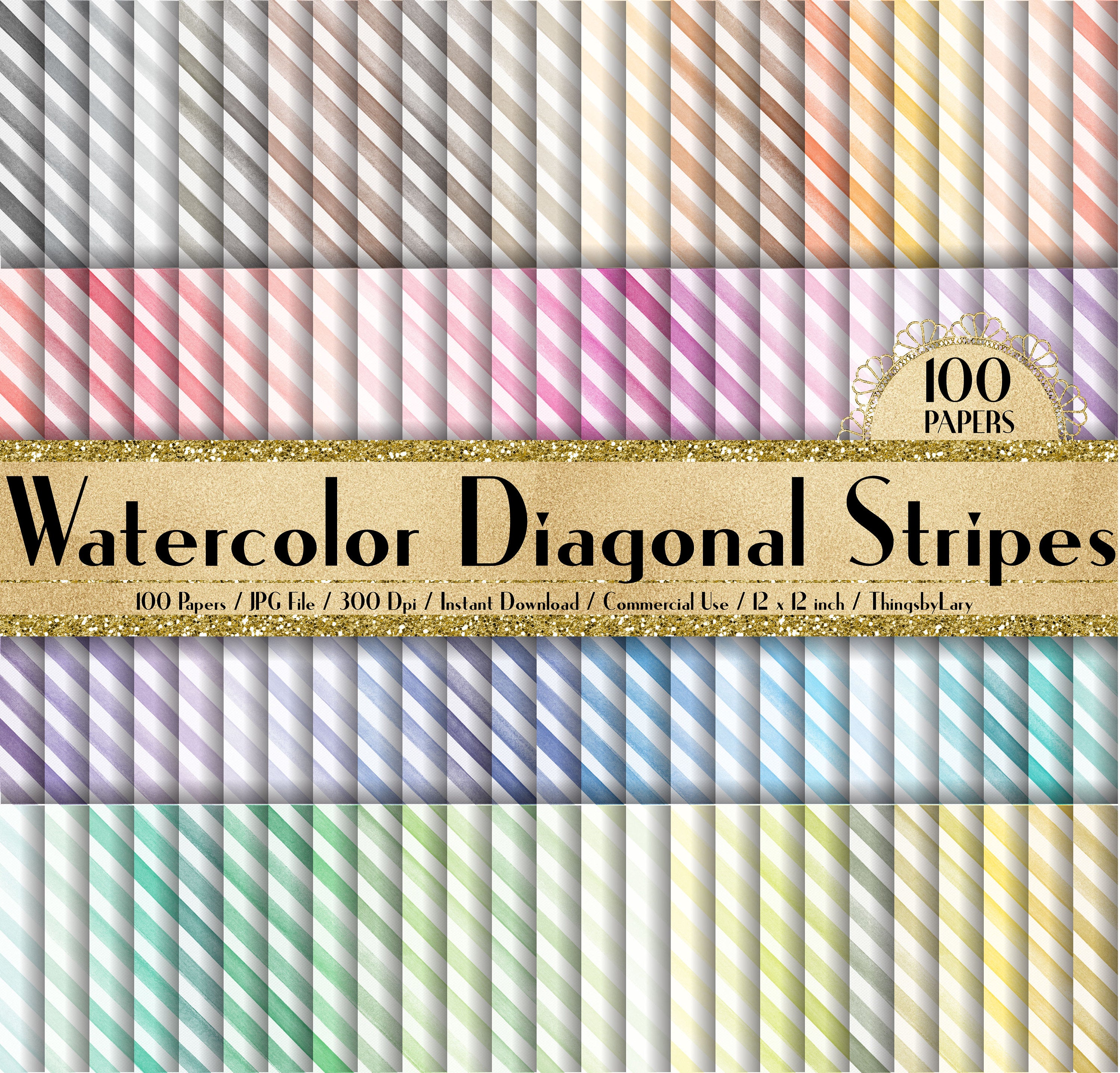 100 Watercolor Diagonal Stripes Paper 03 in 12&quot; x 12&quot;, 300 Dpi Planner Paper, Commercial Use, Scrapbook Papers,Watercolor Diagonal Stripes