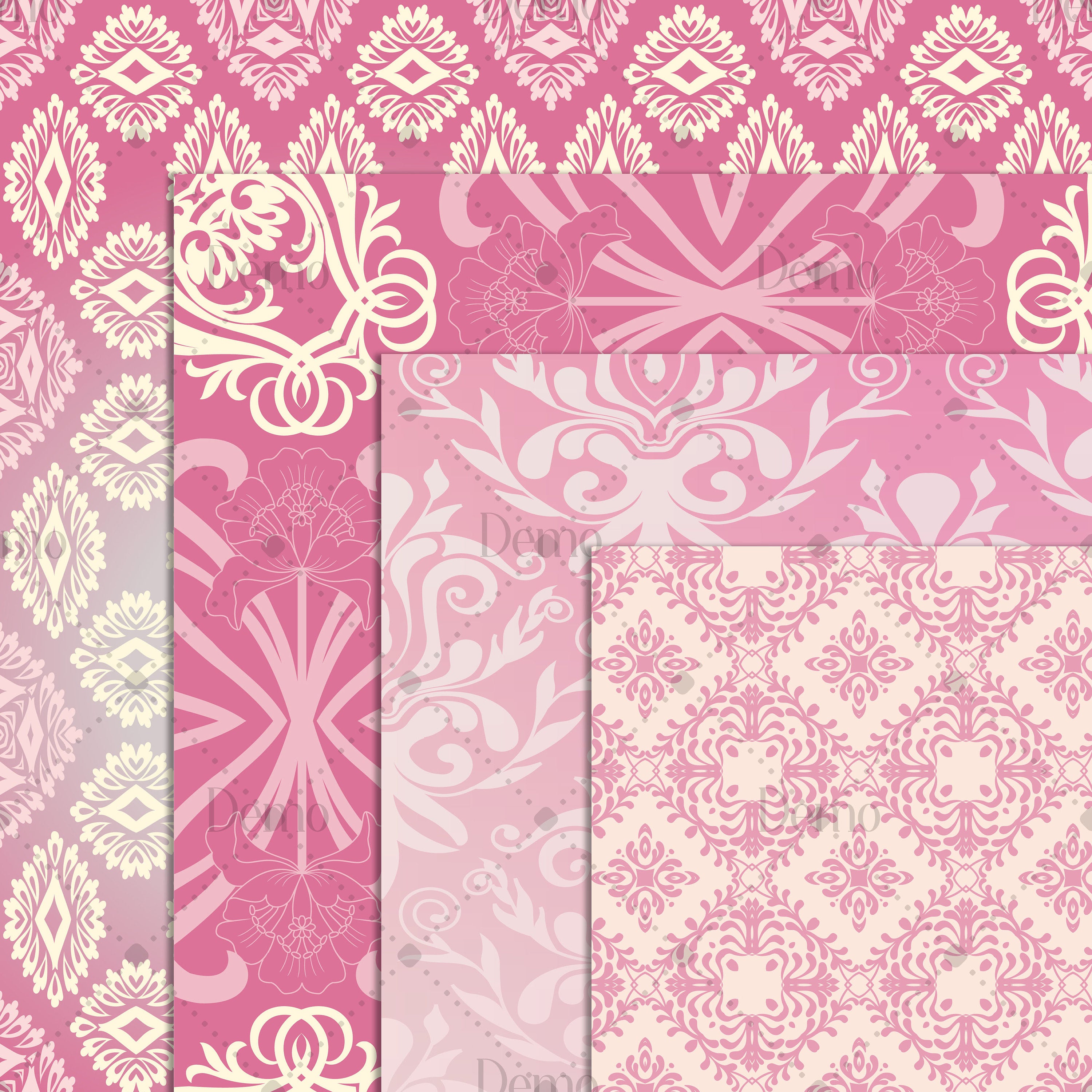 16 Pink Damask Texture Papers in 12inch, 300 Dpi Planner Paper, Scrapbook Paper, Ombre Paper, Luxury Paper, Digital Vintage Paper