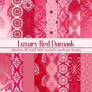 16 Luxury Red Damask Texture Papers in 12inch, 300 Dpi Planner Paper, Scrapbook Paper, Ombre Paper, Valentine Paper, Digital Vintage Paper