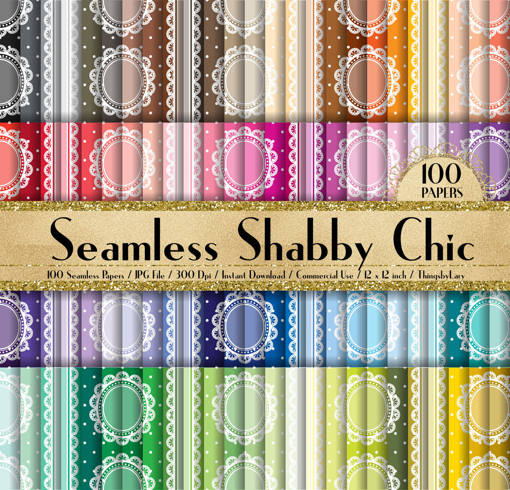 100 Seamless Shabby Chic Papers 12&quot;, 300 Dpi Planner Paper, Commercial Use, Scrapbook Paper, 100 Digital Papers, Lace Frame, Polka Dot