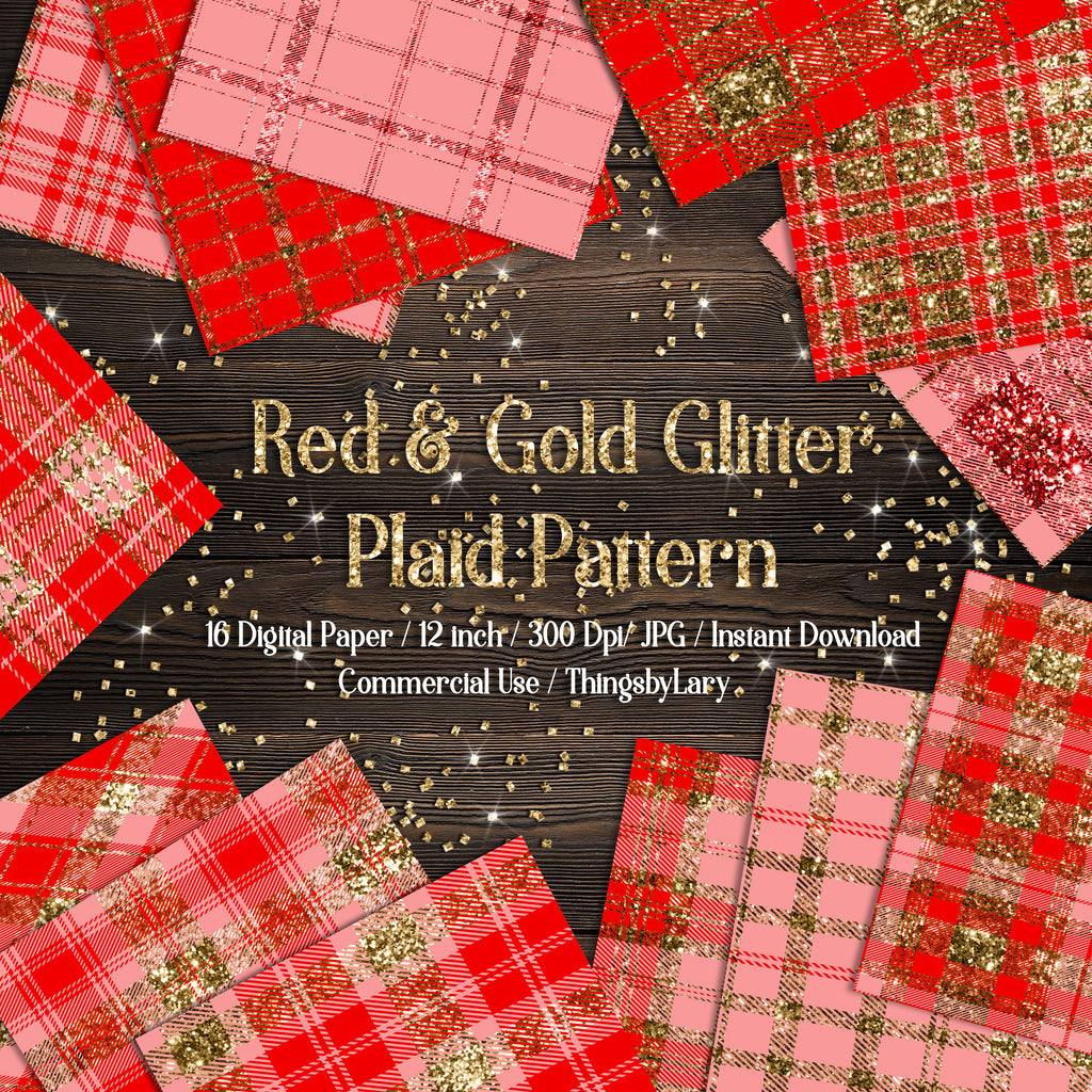 16 Luxury Gold and Red Glitter Plaid Tartan digital paper pack 12inch 300 dpi commercial use instant download, Bonus 2 Glitter Background,