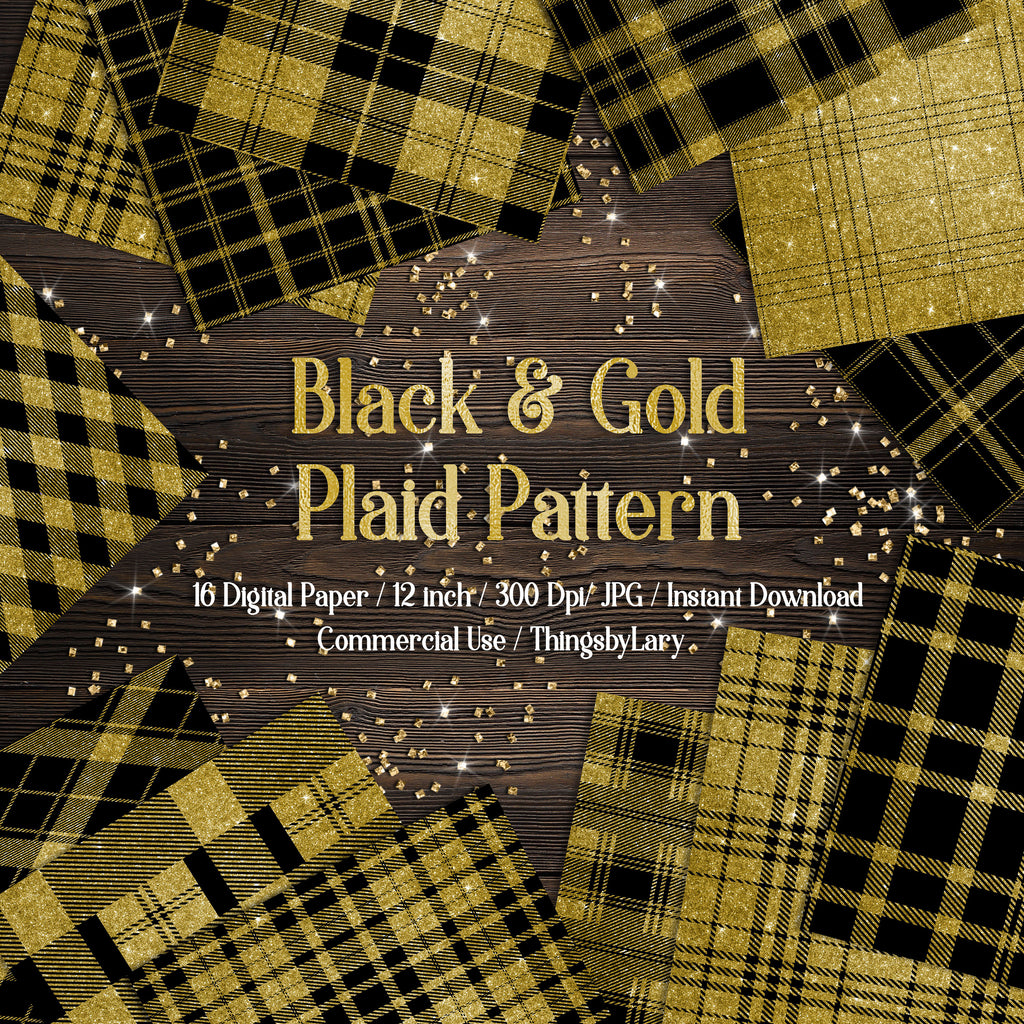 16 Gold Glitter Tartan Plaid Gingham Check Digital Papers 12inch 300 dpi commercial use instant download, Black and Gold Paper Pack