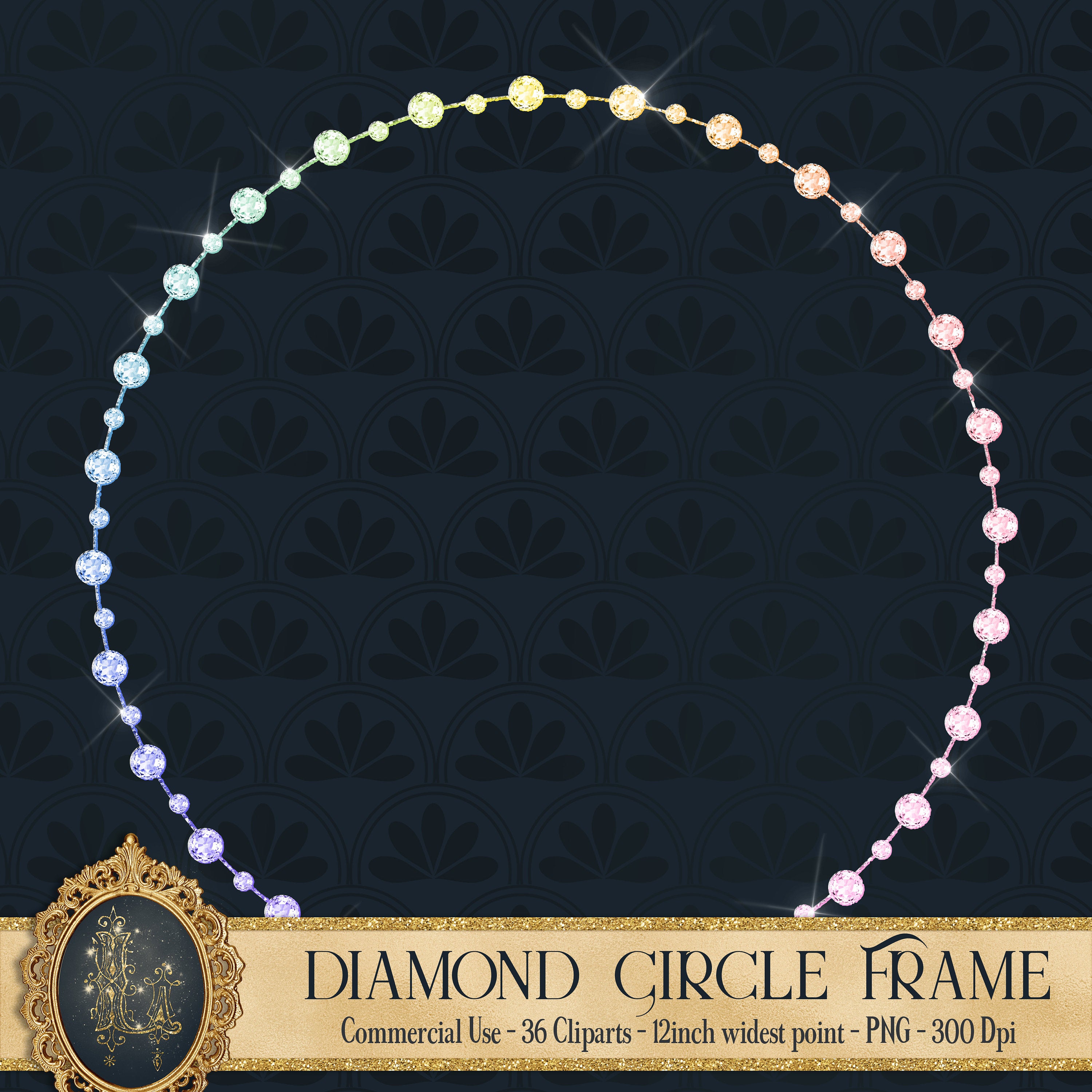 36 Rainbow Diamond Circle Frames,New Year Celebration Party,Instant download,Commercial Use, Planner Clipart, Unicorn Diamond, Diamond Frame