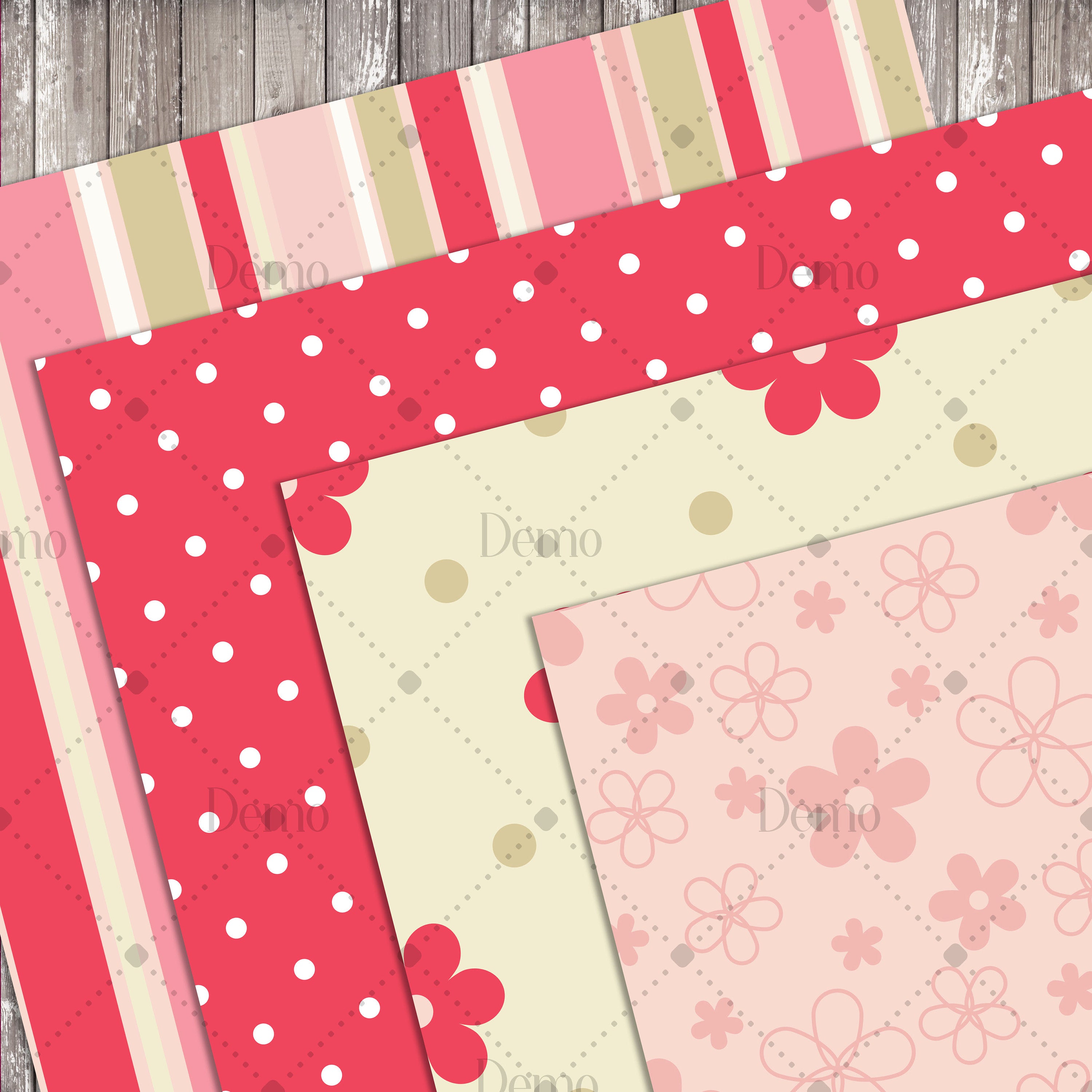 16 Seamless Red Spring Flower Papers in 12inch 300 Dpi Planner Paper, Coral Scrapbooking Floral, Polka Dot Chevron Striped Seamless Pattern