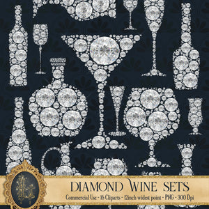 16 Diamond Wine Glass and Bottle Cliparts, 300 Dpi, Instant Download, Commercial Use, Diamond Clip Art, Luxury Wine Set, Diamond Party