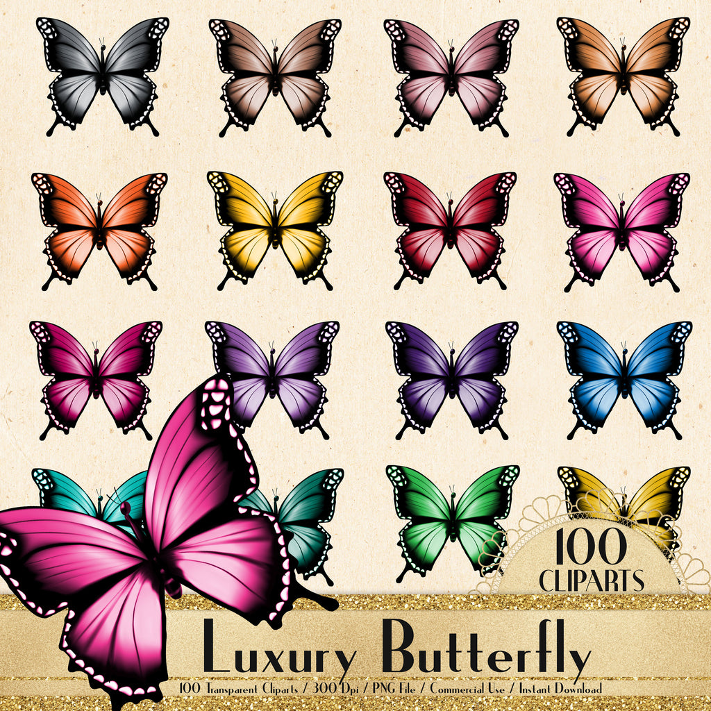 100 Luxury Butterfly Cliparts, Planner Clipart, Colorful Butterfly Clipart, Wedding Graphic, Romantic Graphic, Butterfly Design