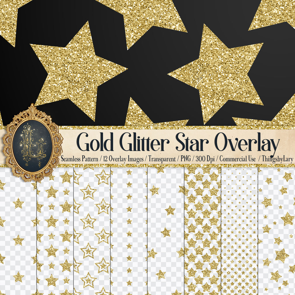 12 Gold Glitter Star Overlay Images, Transparent PNG 300 Dpi 12inch Commercial Use Instant Download, Seamless Pattern, Gold Glitter Overlay