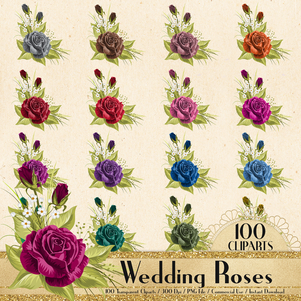 100 Wedding Roses Cliparts, Flower Clipart, Planner Clipart, Floral clipart, Garden Clipart, Bridal Shower, Flower Arrangement, Digital Rose