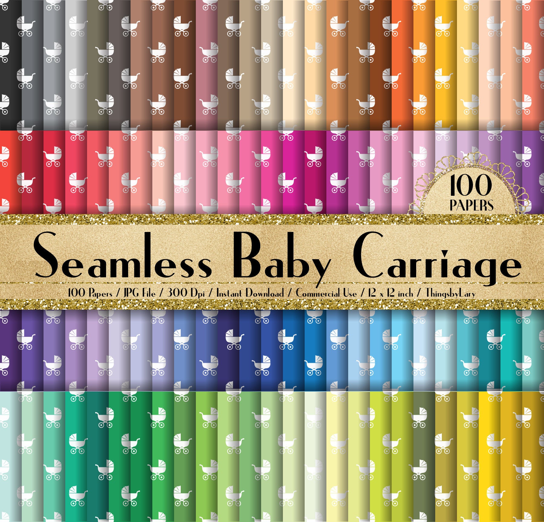 100 Seamless Baby Carriage Papers 12 inch 300 Dpi Instant Download Commercial Use, Planner Paper, Scrapbooking Baby Shower Kit, Seamless