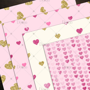 16 gold glitter and pink heart digital papers commercial use, glitter fairy kid papers, blush pink gold glitter papers valentine love heart