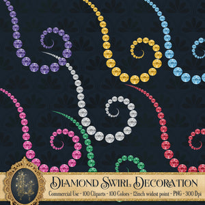 100 Diamond Swirl Flourish Cliparts, ornament clip art, glam glitter sparkle, princess wedding, digital instant download commercial use