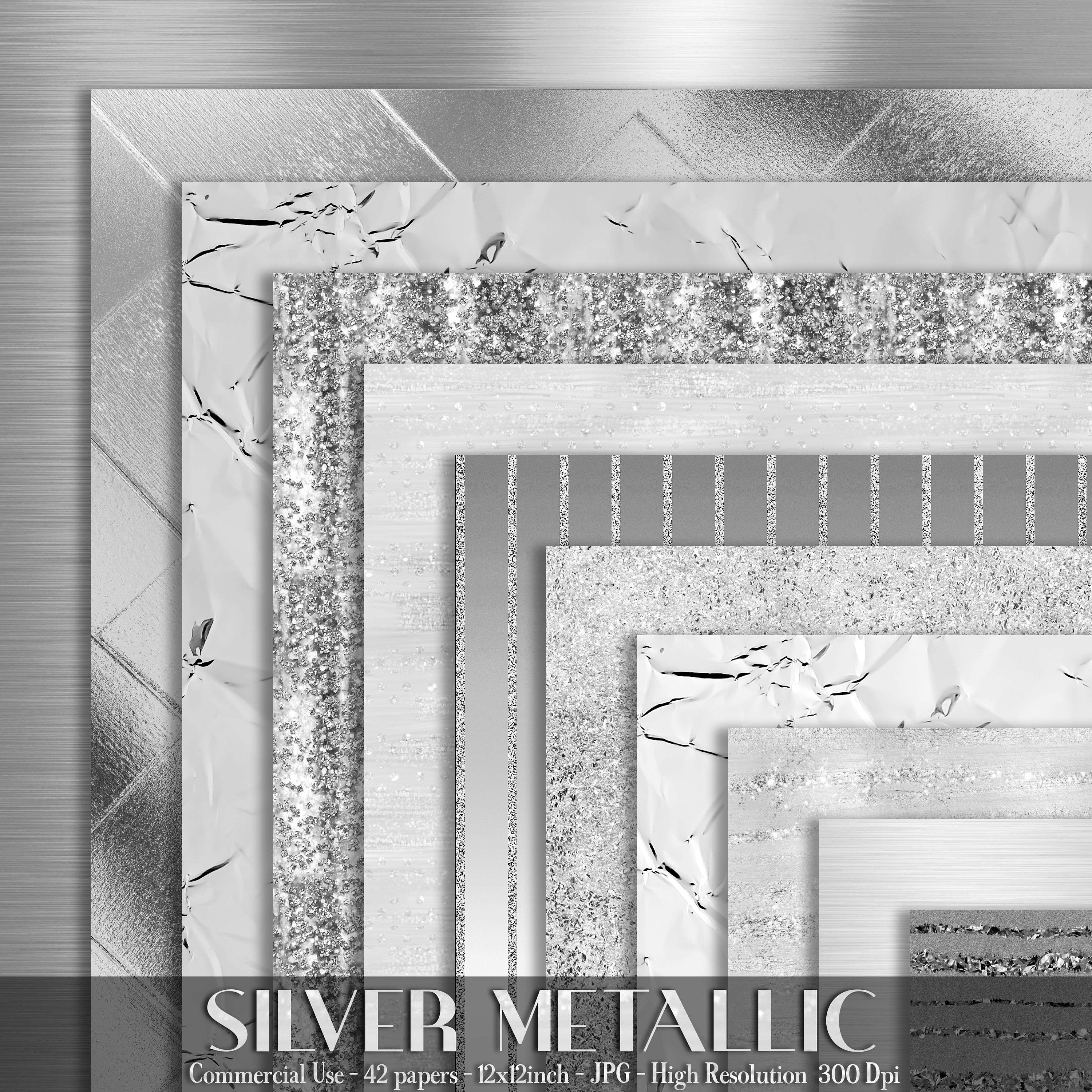 42 Silver Metallic Papers 12 inch, 300 Dpi Planner Paper, Commercial Use, Scrapbook Paper, Silver Metallic, Luxury Digital Silver Paper