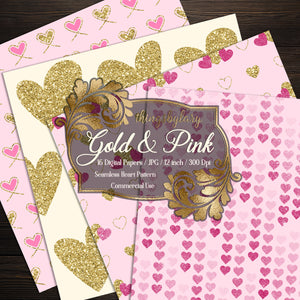 16 gold glitter and pink heart digital papers commercial use, glitter fairy kid papers, blush pink gold glitter papers valentine love heart