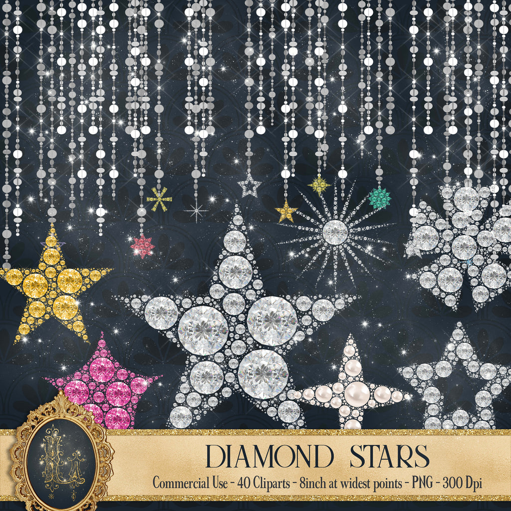 40 Diamond and Pearl Star Cliparts, 300 Dpi, Instant Download, Commercial Use, Transparent, Diamond Star, Pearl Star, String Light, Sparkle