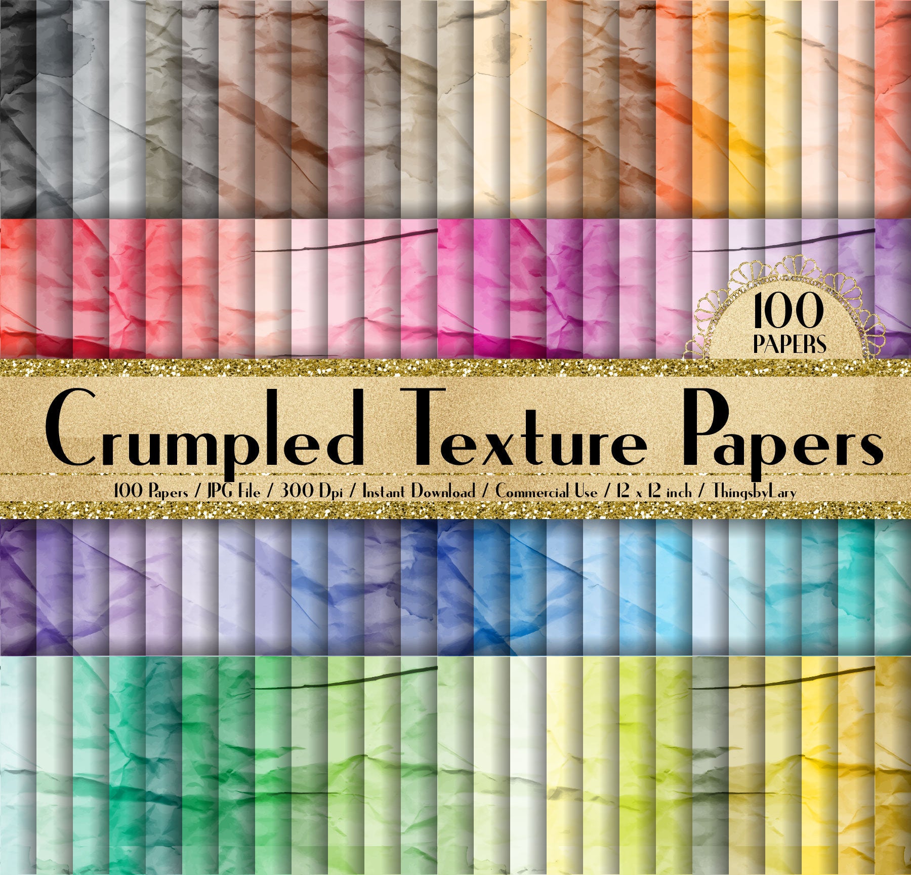 100 Crumpled Texture Papers in 12inch, 300 Dpi Planner Paper, Scrapbook Paper, Paper Kit, Scrapbooking Kit, Digital Crumpled Papers, Folded