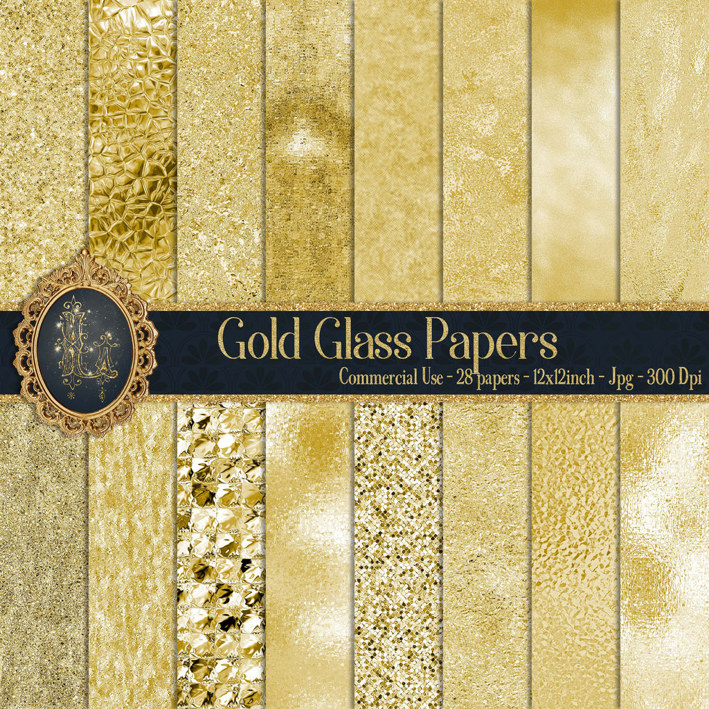 28 Gold Glass Papers 12 inch, 300 Dpi Planner Paper, Commercial Use, Scrapbook Paper, 24k gold Paper, Luxury Gold Glass Paper