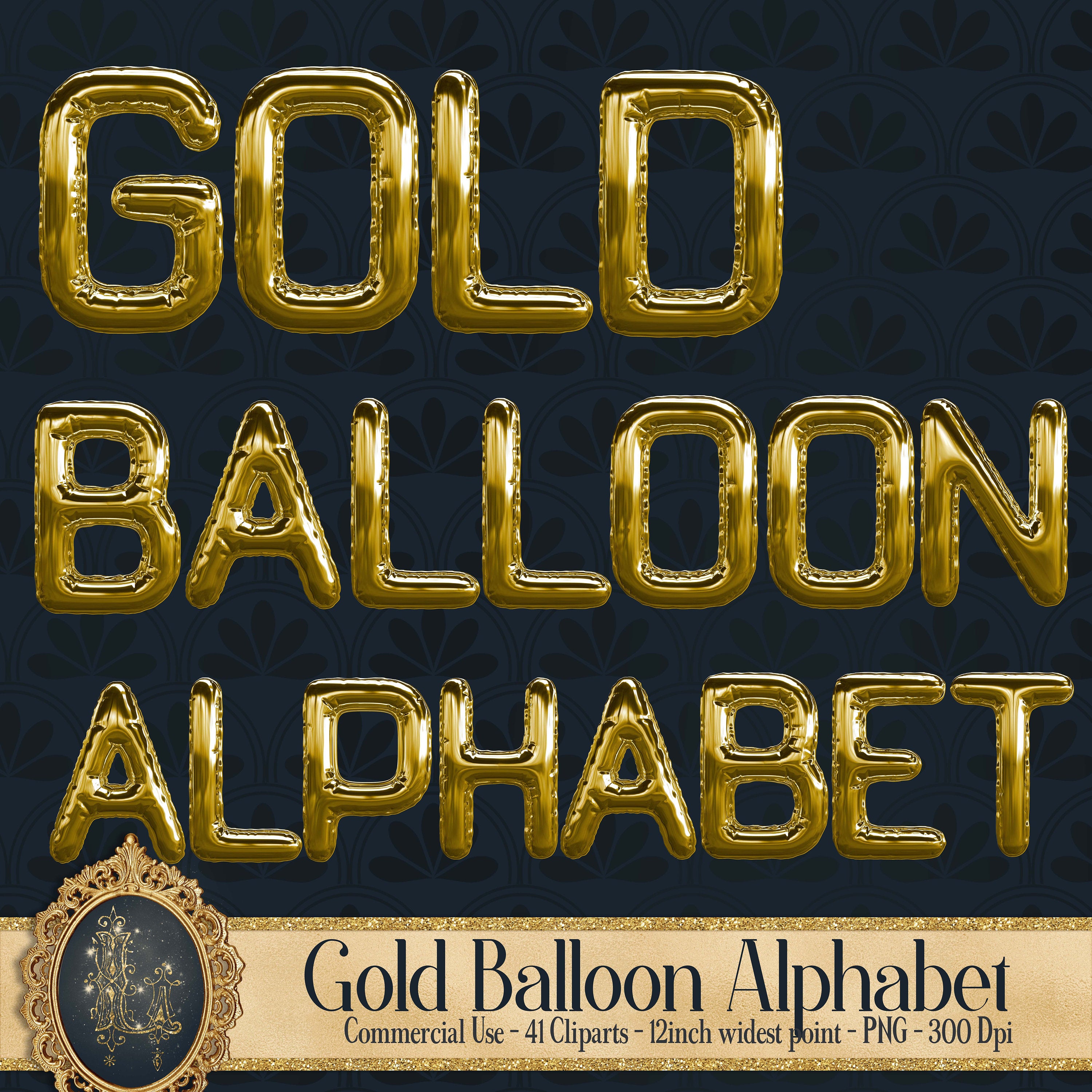 Gold Balloon Alphabet 41 Cliparts, 300 Dpi Planner Paper, Commercial Use, Scrapbook Paper, Digital Gold Alphabet Cliparts, Gold Balloon
