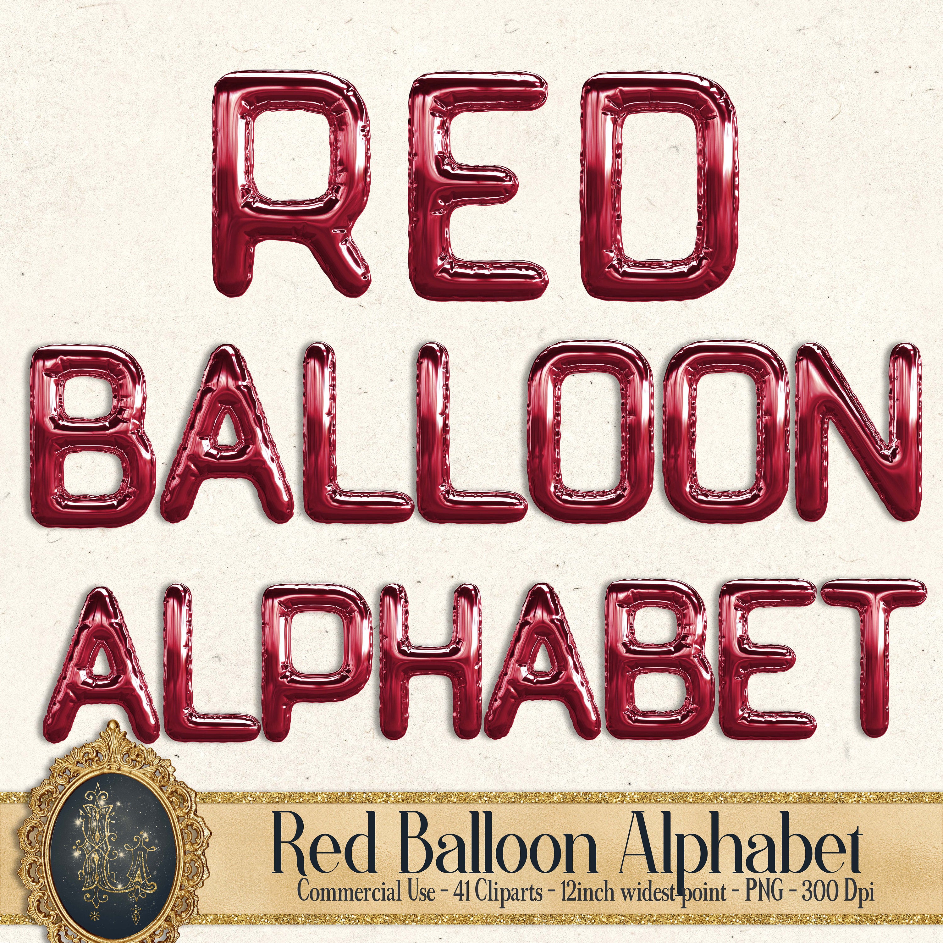 Red Balloon Alphabet 41 Cliparts, 300 Dpi Planner Paper, Commercial Use, Scrapbook Paper, Digital Red Valentine Alphabet, Red Balloon