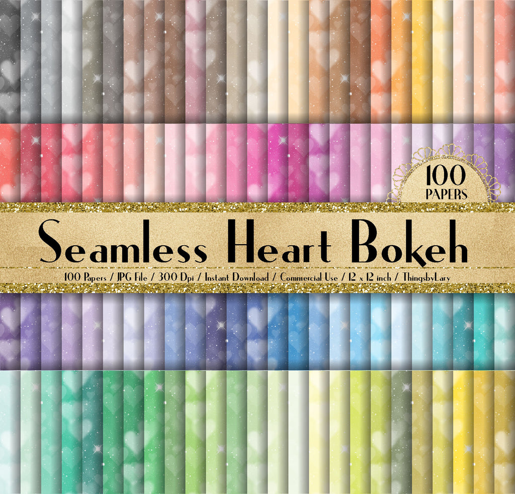 100 Seamless Heart Bokeh Papers 12 inch 300 Dpi Commercial Use Instant Download, Scrapbooking Glam Kit, Seamless Bokeh, Heart Bokeh Papers