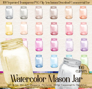 100 Watercolor Mason Jar Clip Arts,300 Dpi Planner Clipart, Scrapbooking, Watercolor Jars, Rustic Wedding, Watercolor Graphic, Bridal Shower