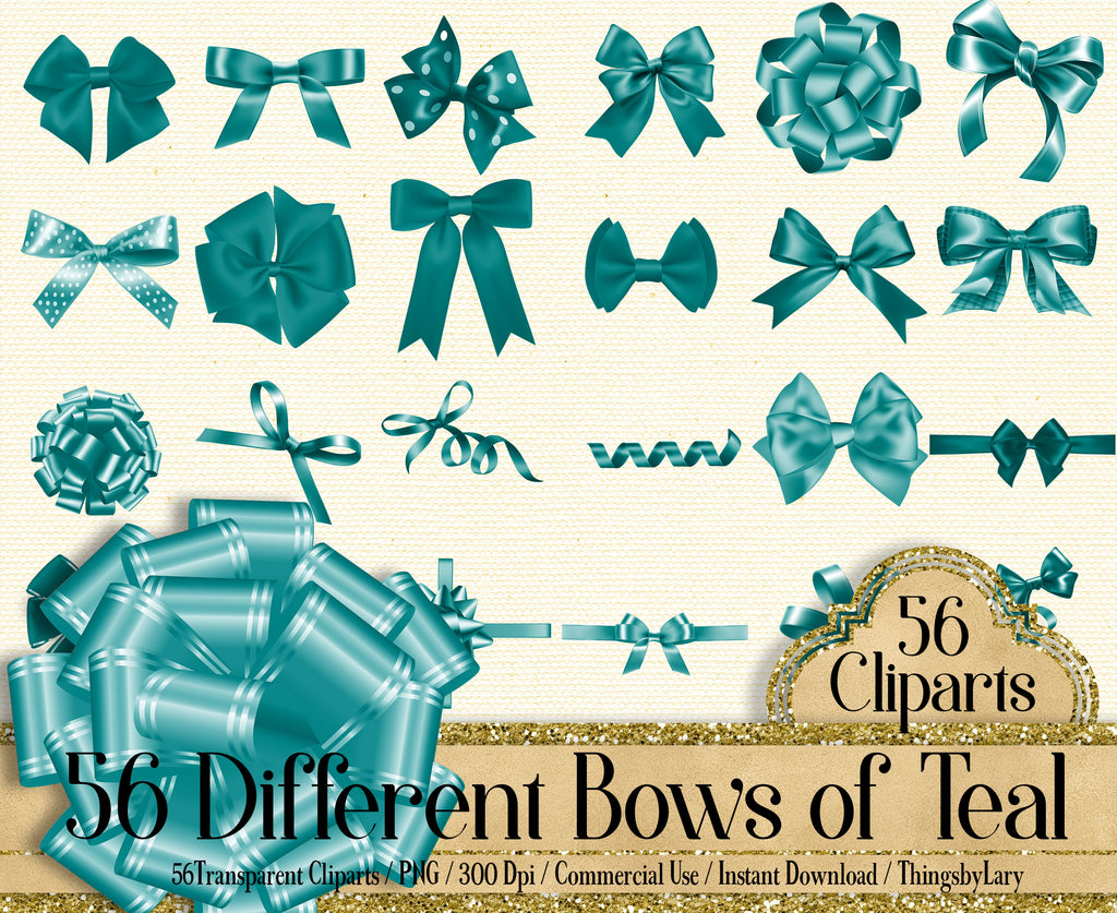 56 Teal Bows and Ribbons Cliparts, 300 Dpi, Instant Download, Commercial Use, Bridal Shower, Digital Bows, Wedding Invitation, Satin Bows