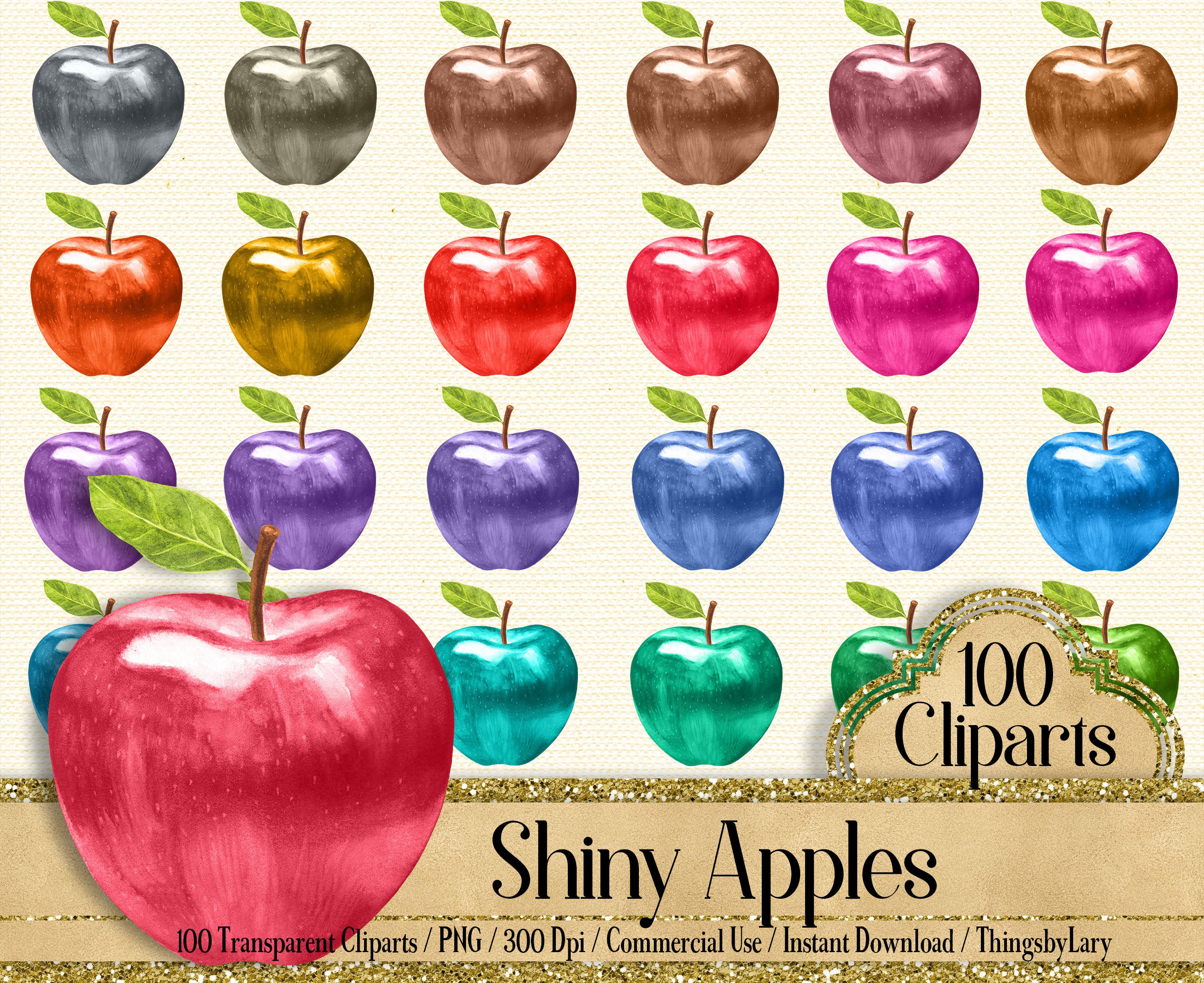 100 Shiny Apple Cliparts, Fruit Cliparts 300 Dpi Instant Download Commercial Use, Red Apple Clip Art, Snow White Apple, Scrapbook Garden Kit