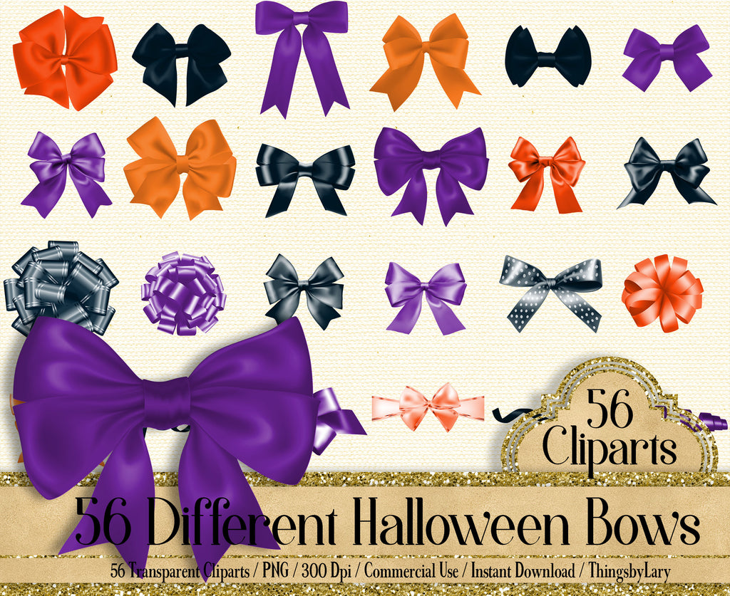 56 Halloween Bows and Ribbons Cliparts, 300 Dpi, Instant Download, Commercial Use, Halloween Gift, Digital Satin Bows, Halloween Invitation