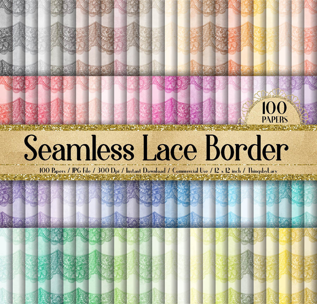 100 Seamless Watercolor Lace Border Papers 12 inch 300 Dpi Commercial Use Instant Download,Seamless Lace Border,Watercolor Papers