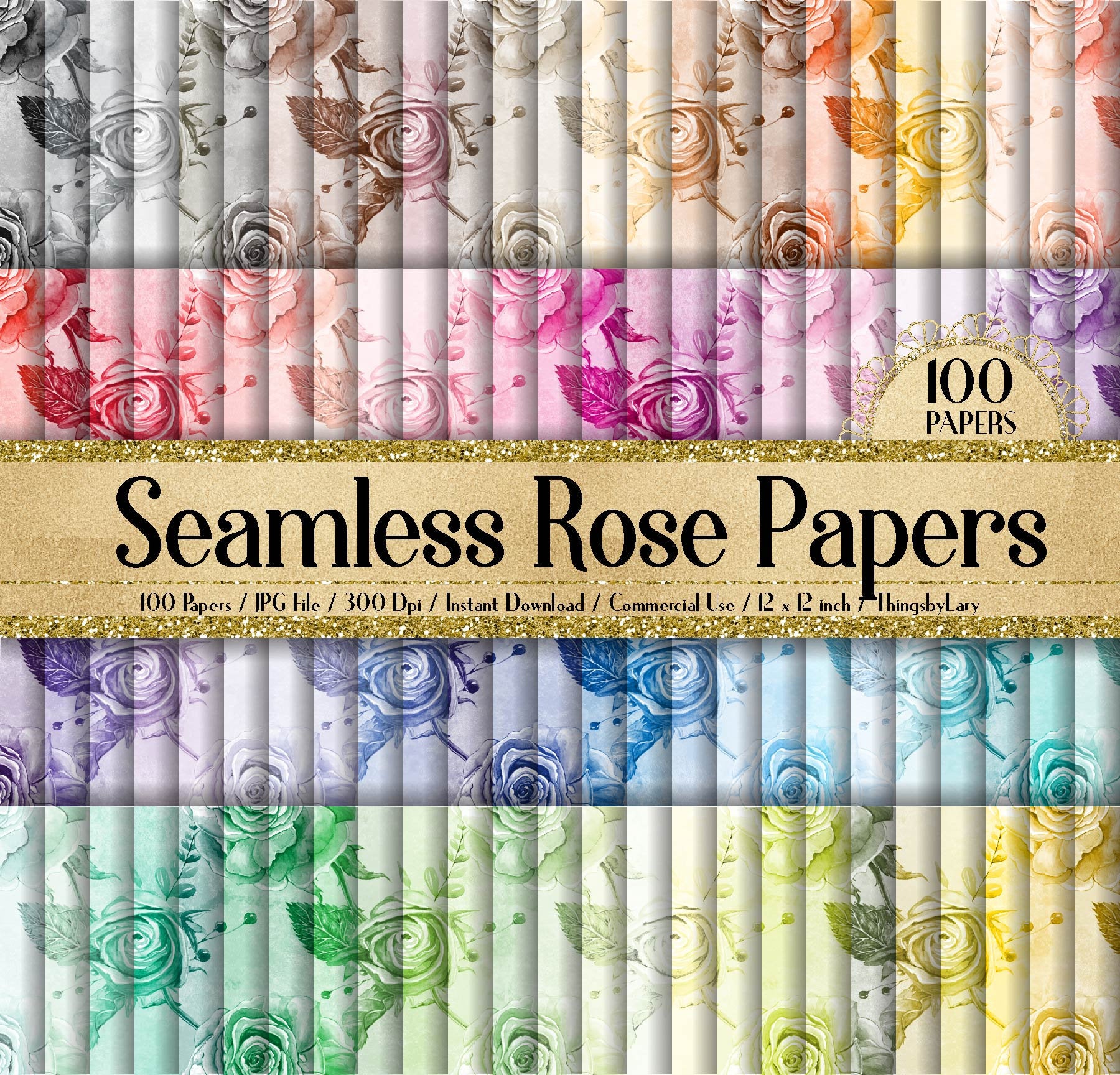 100 Seamless Watercolor Rose Papers 12 inch 300 Dpi Commercial Use Instant Download,Seamless Rose Papers,Seamless Watercolor Papers