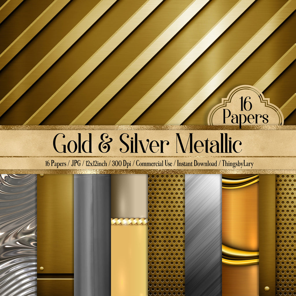 16 Gold and Silver Metallic Papers 12 inch 300 Dpi Instant Download Commercial Use, Planner Paper, Scrapbook Gold Kit Real Metallic Paper