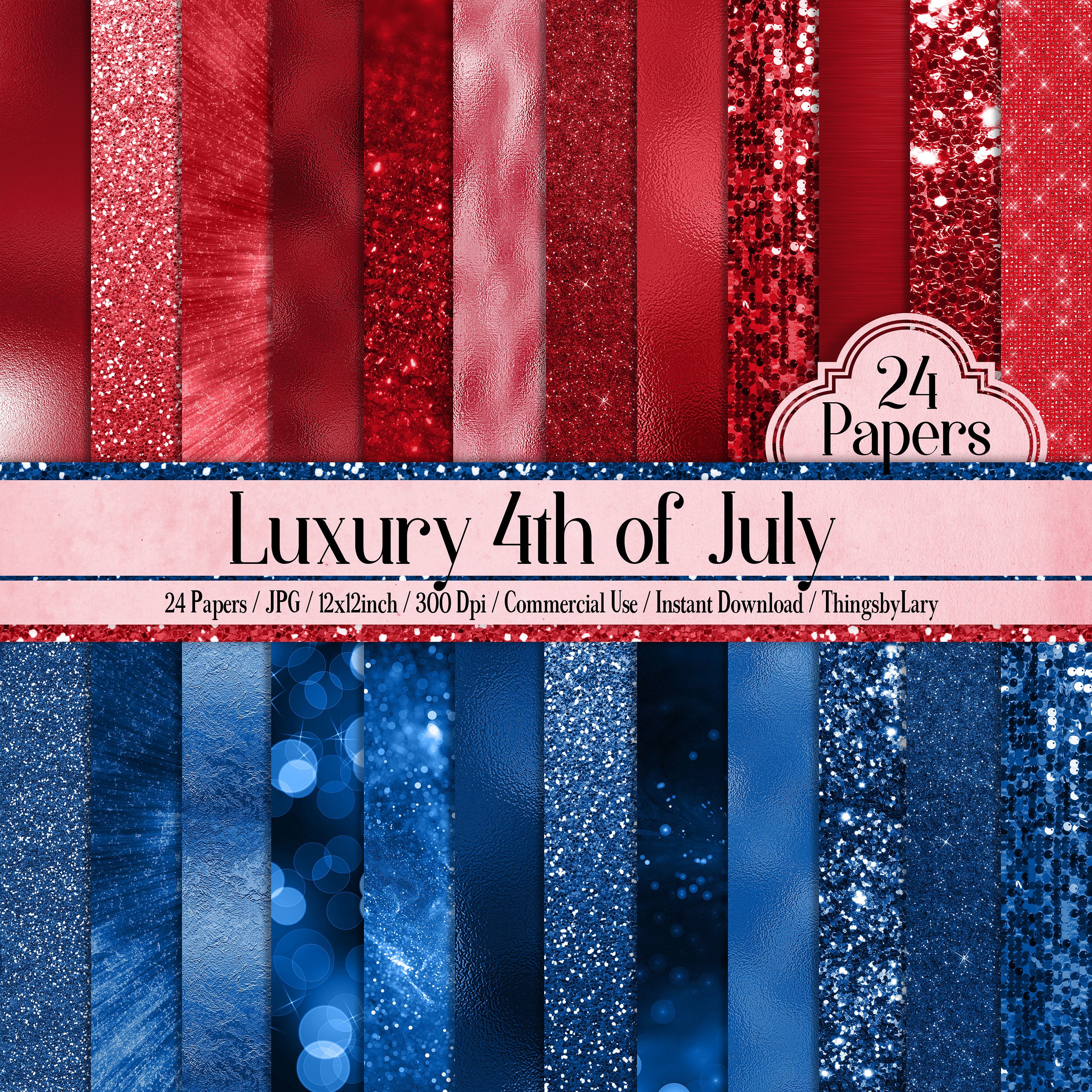 24 Independence Day 4th of July Glitter Foil Metallic Sequin Papers 12 inch 300 Dpi Planner Paper Commercial Use Scrapbook Paper Luxury