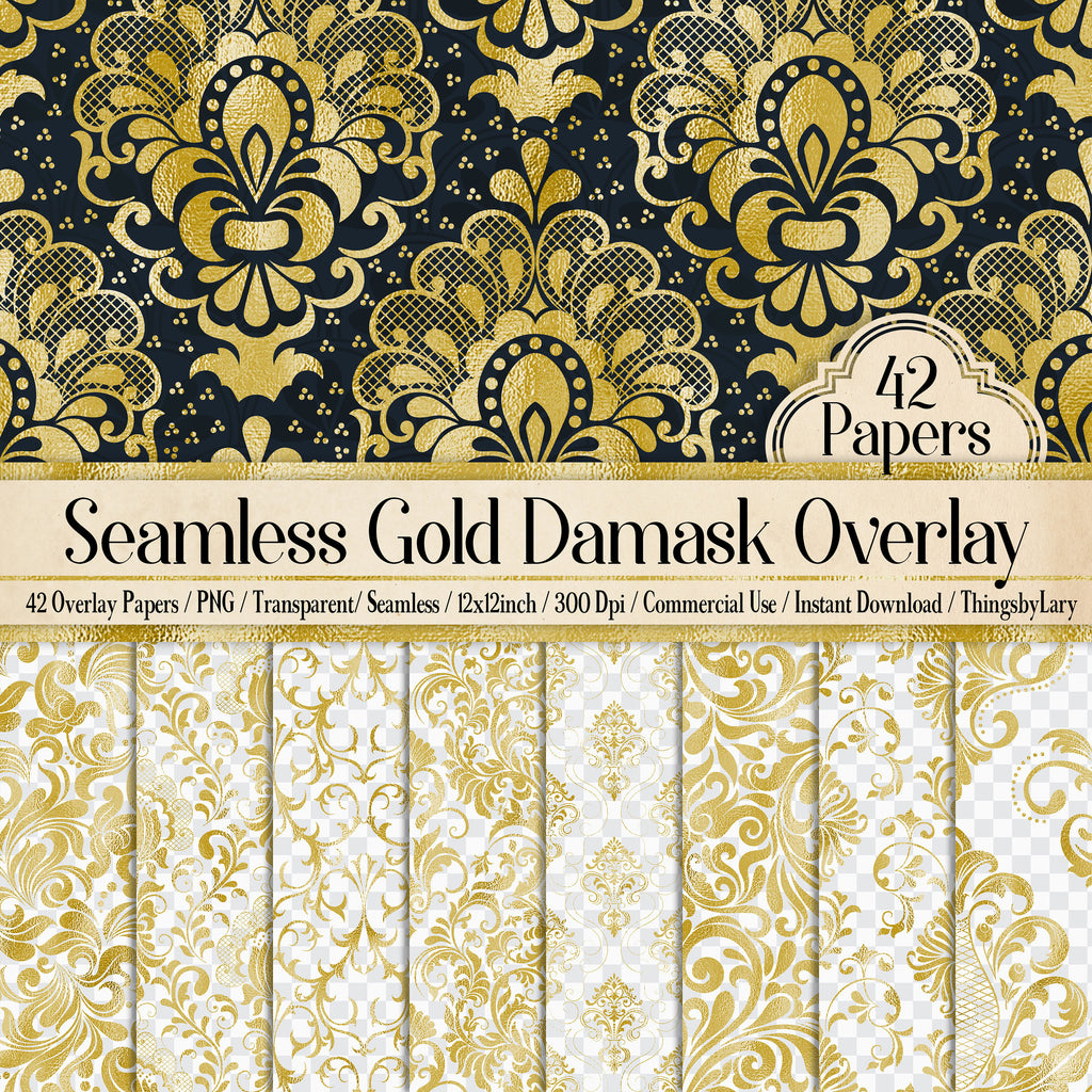 42 Gold Foil Seamless Damask Ornament Overlays 12inch Transparent PNG Instant Download Commercial Use, Gold foil printing damask seamless