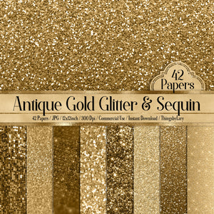 42 Antique Gold Glitter and Sequin Papers 12 inch 300 Dpi Instant Download Commercial Use, Planner Paper, Scrapbook Gold Kit, Gold Glitter