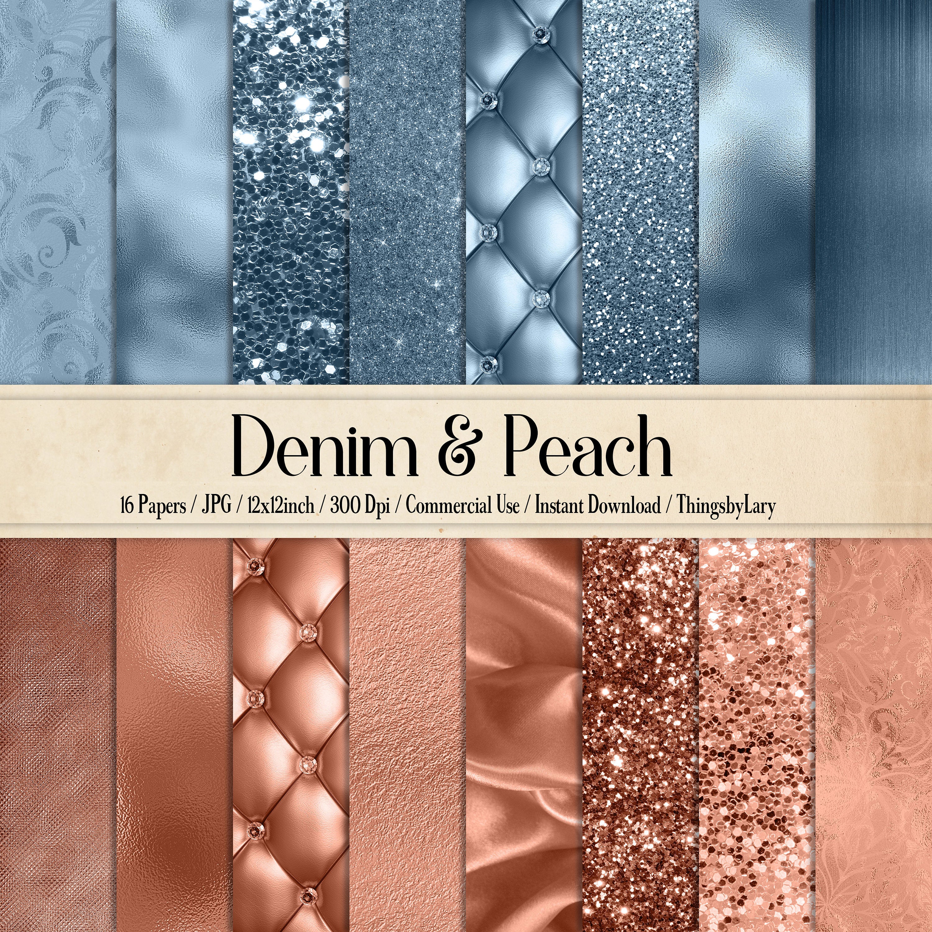 16 luxury denim and peach digital paper pack commercial use luxury texture scrapbook paper, foil upholstery silk satin glitter foil metallic