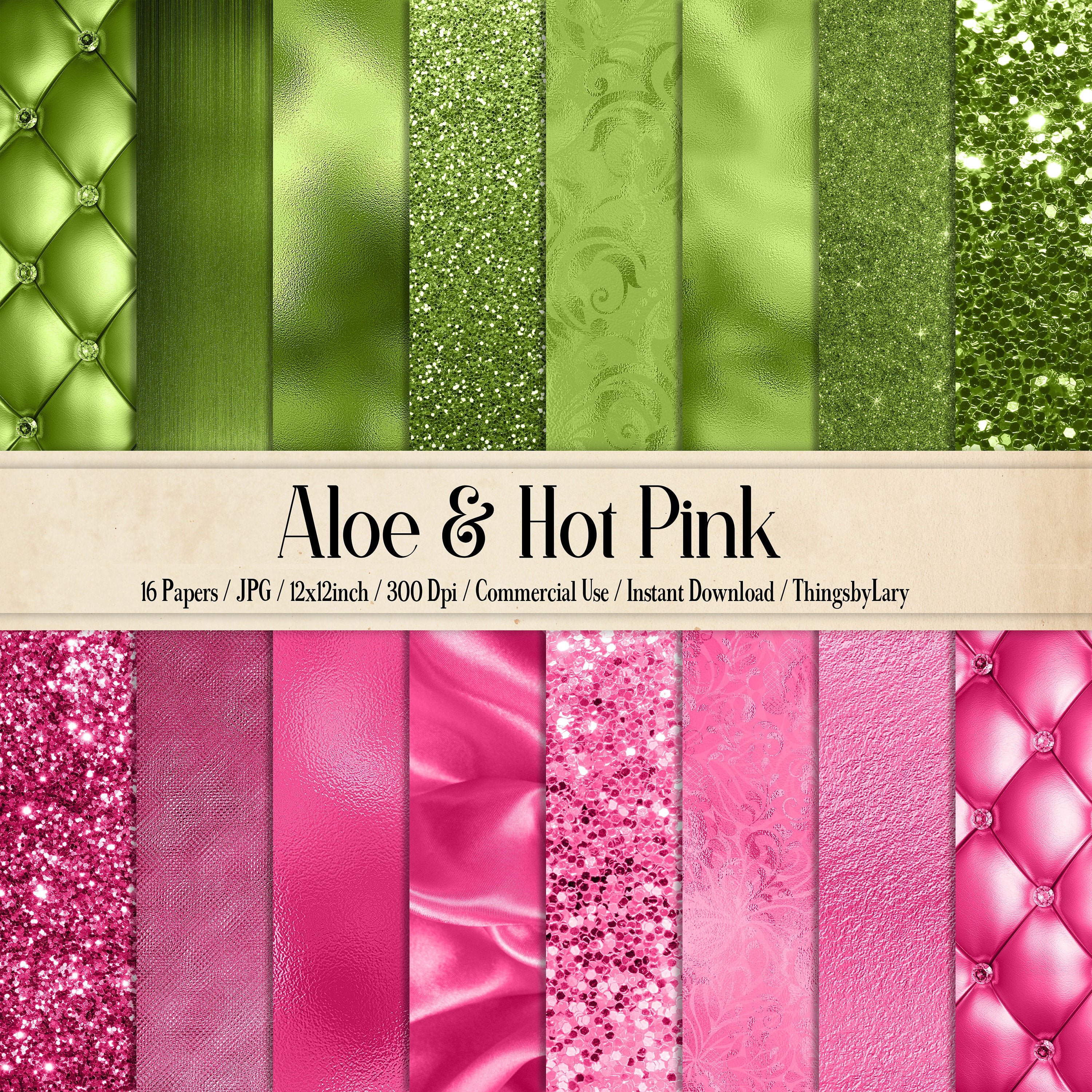16 luxury aloe and hot pink digital paper pack, commercial use, luxury scrapbook paper, foil upholstery silk satin glitter foil metallic