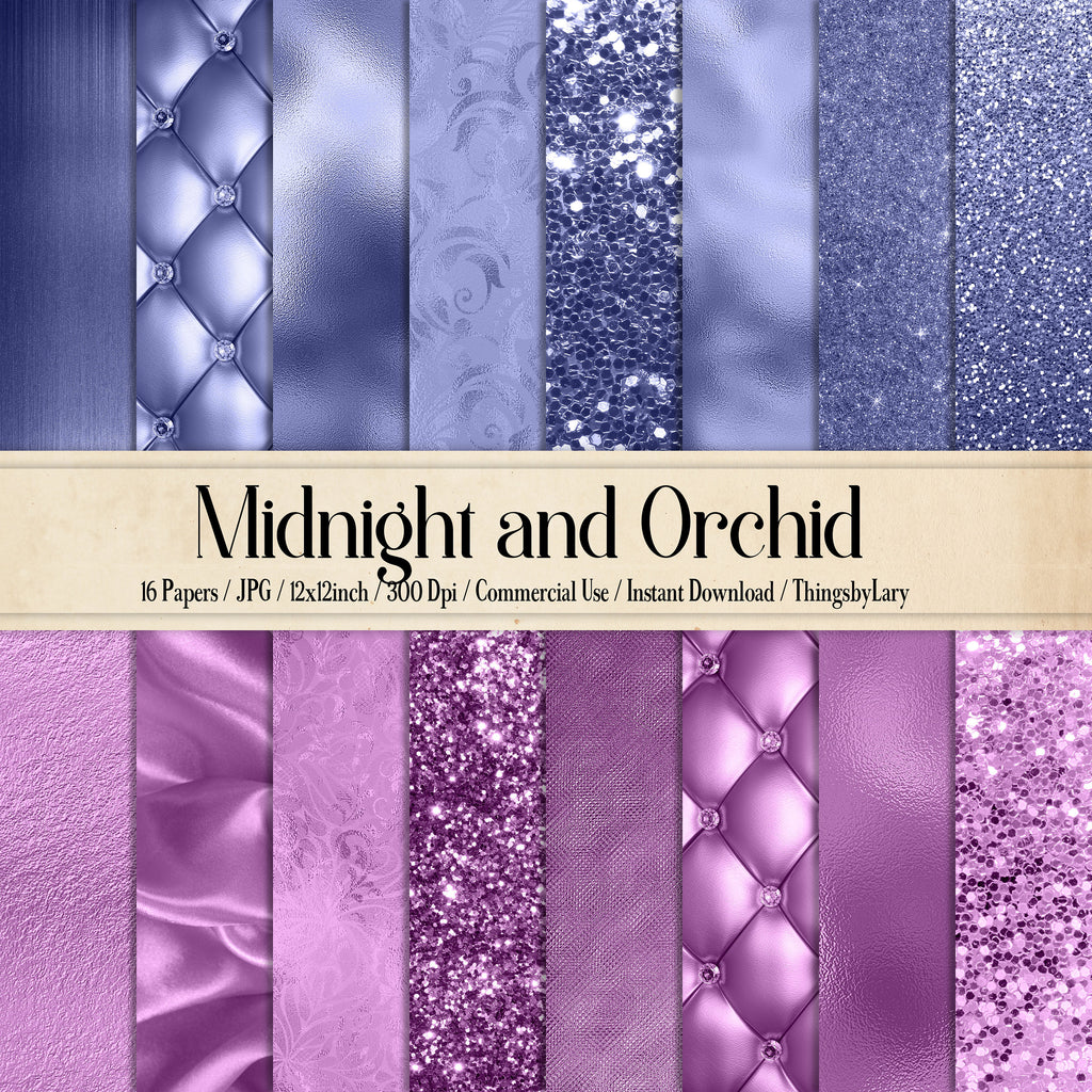 16 luxury midnight and orchid digital paper pack commercial use luxury texture scrapbook paper, upholstery silk satin glitter foil metallic