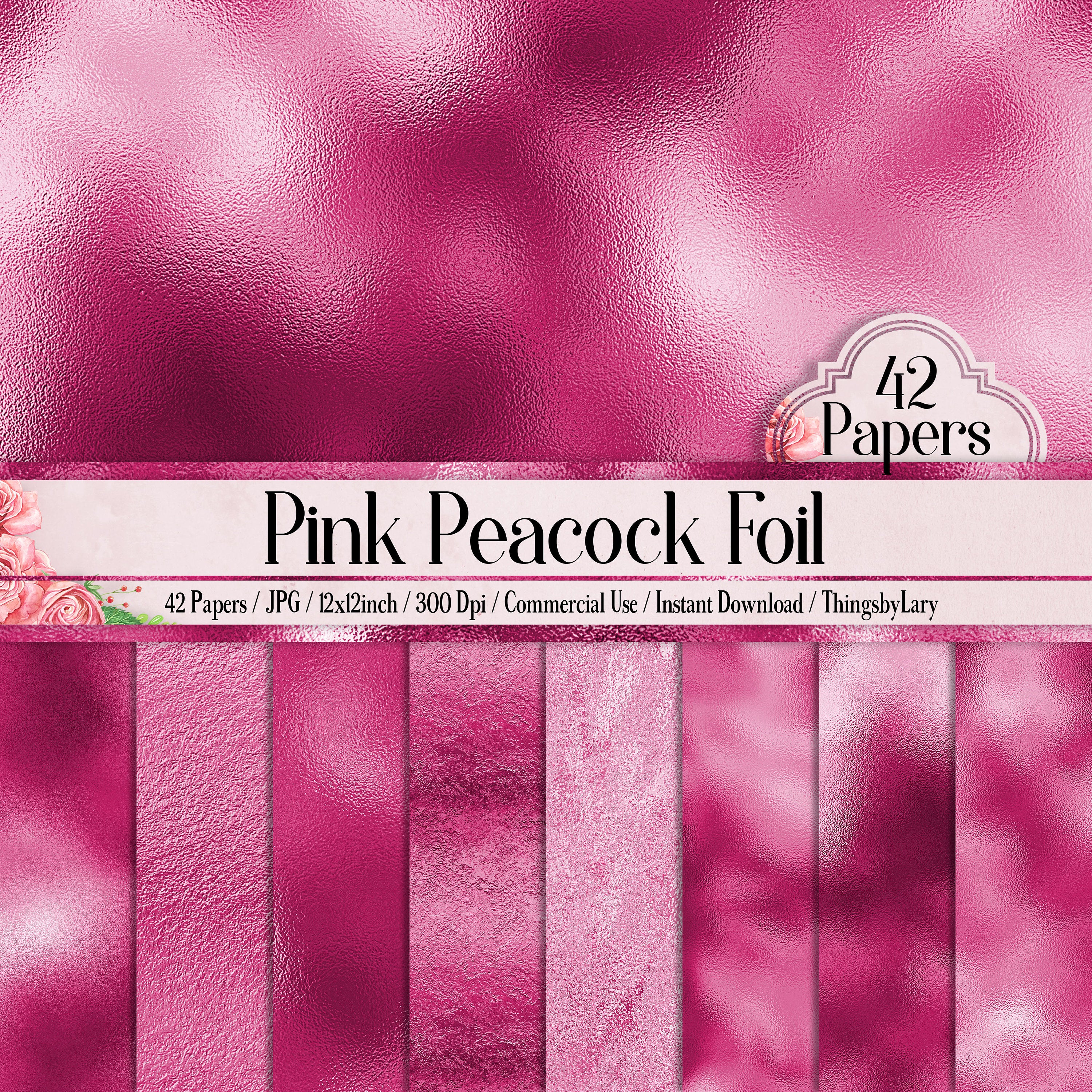 42 Pink Peacock Foil Papers 12 inch 300 Dpi Planner Paper Commercial Use Scrapbook Paper Digital Foil, Luxury Hot Pink Paper Metallic Foil