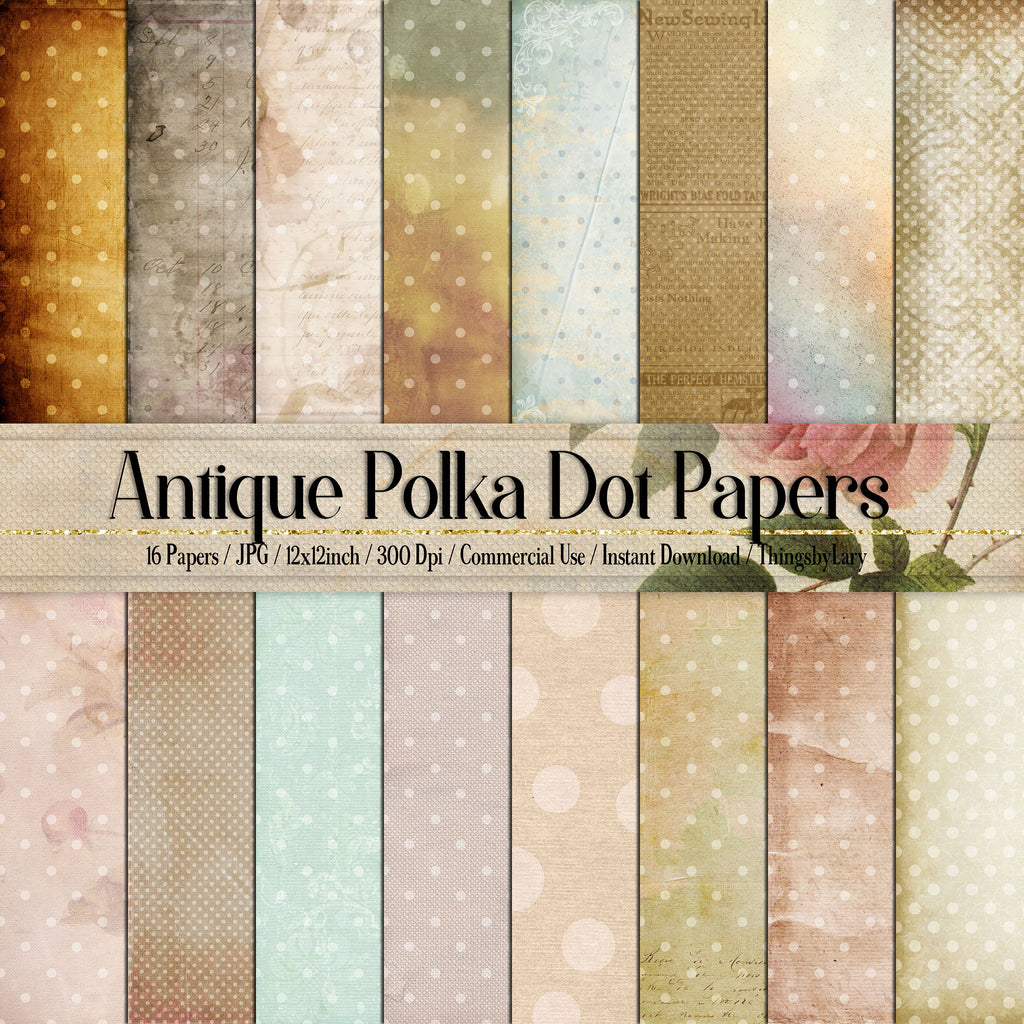 16 Antique Polka Dot Papers Instant Download Commercial Use 300 Dpi 12 inch, Vintage Polka Dot, Retro Polka Dot Background, Old Paper