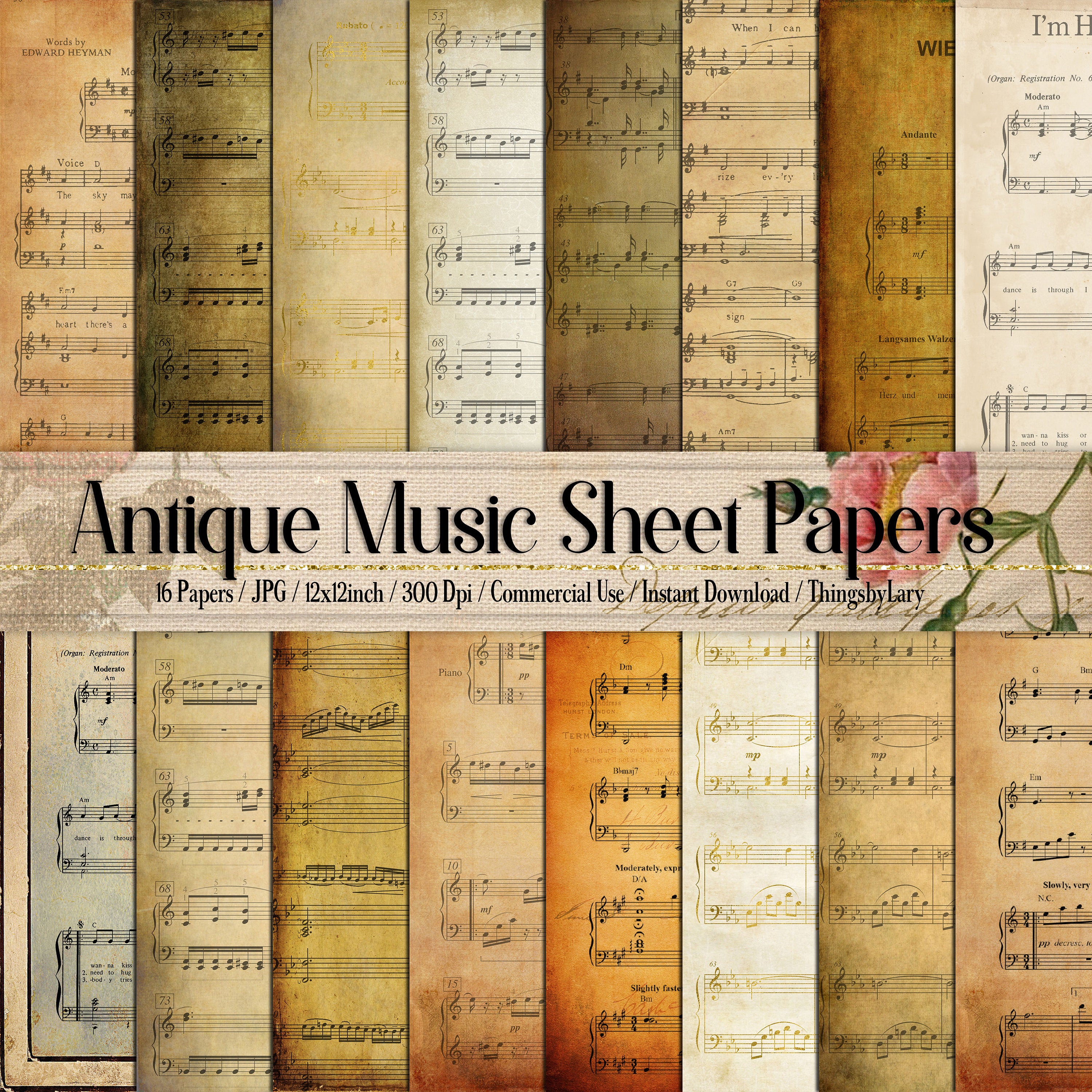 16 Antique Music Sheet Papers 12 inch Instant Download Commercial Use 300 Dpi, Vintage Music Paper Worn Music Sheet Papers Old Papers Retro