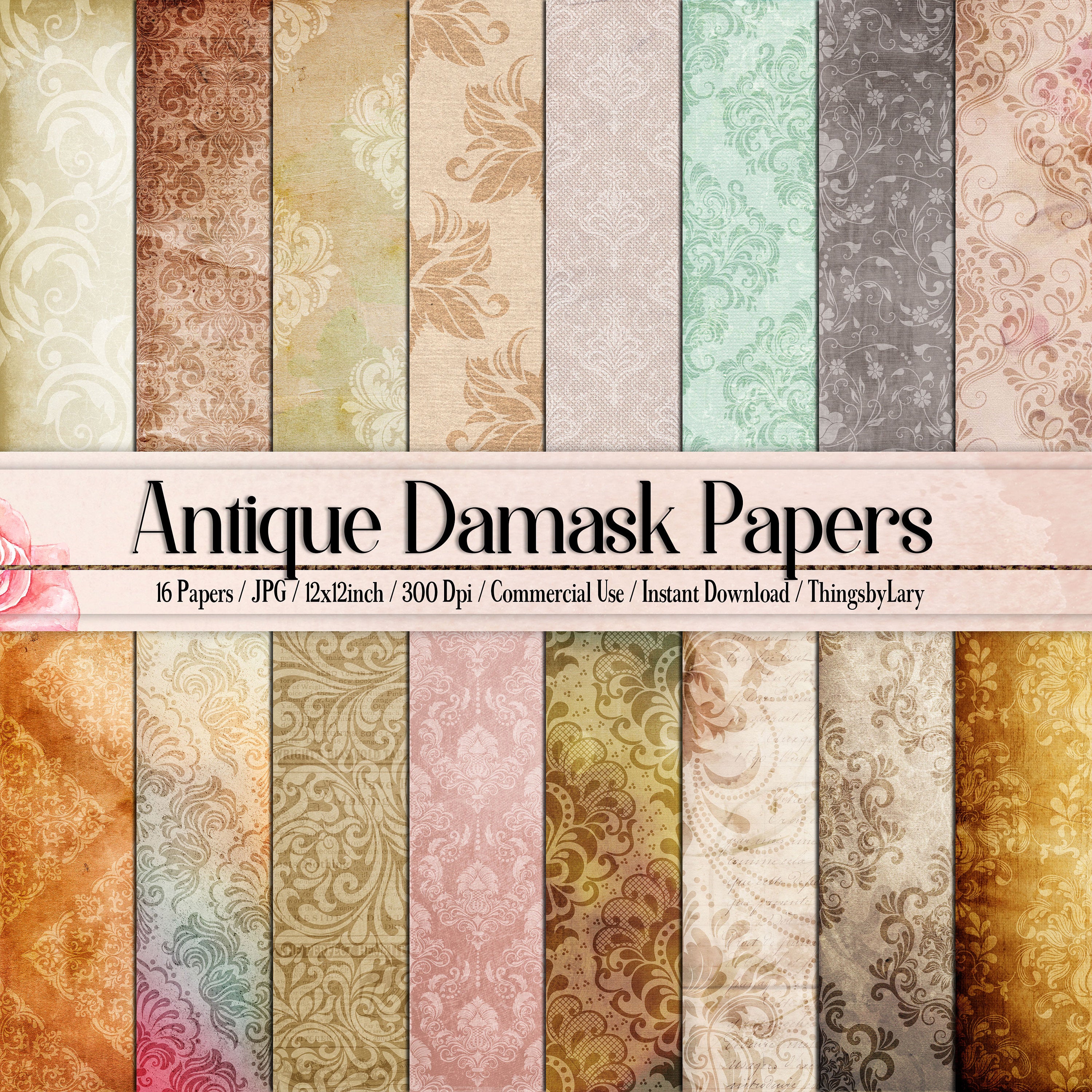 16 Antique Damask Papers Instant Download Commercial Use 300 Dpi 12 inch, Vintage Damask, Antique Damask, Retro Damask Parchment Old Paper