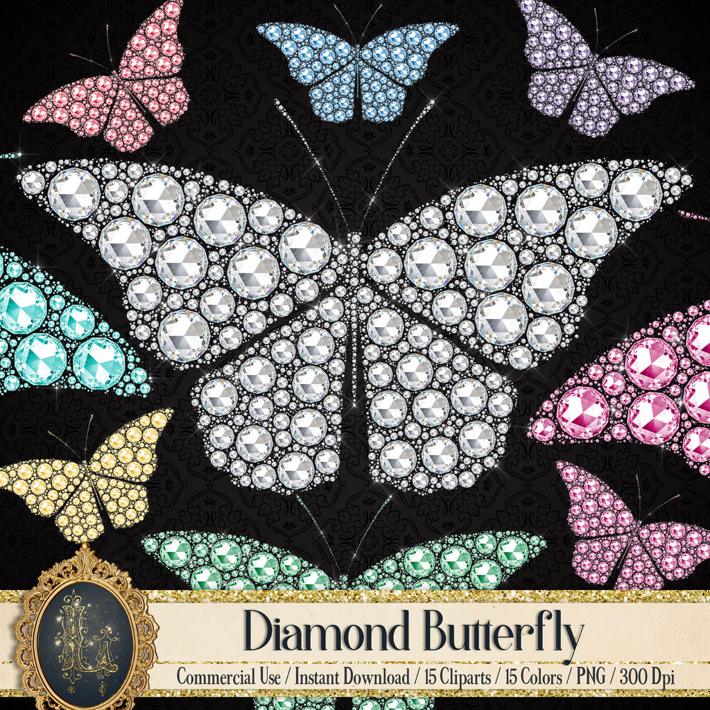 15 Diamond Butterfly Clip Arts 300 Dpi Instant Download Commercial Use Transparent diamond illustration, Wedding Butterfly Kit