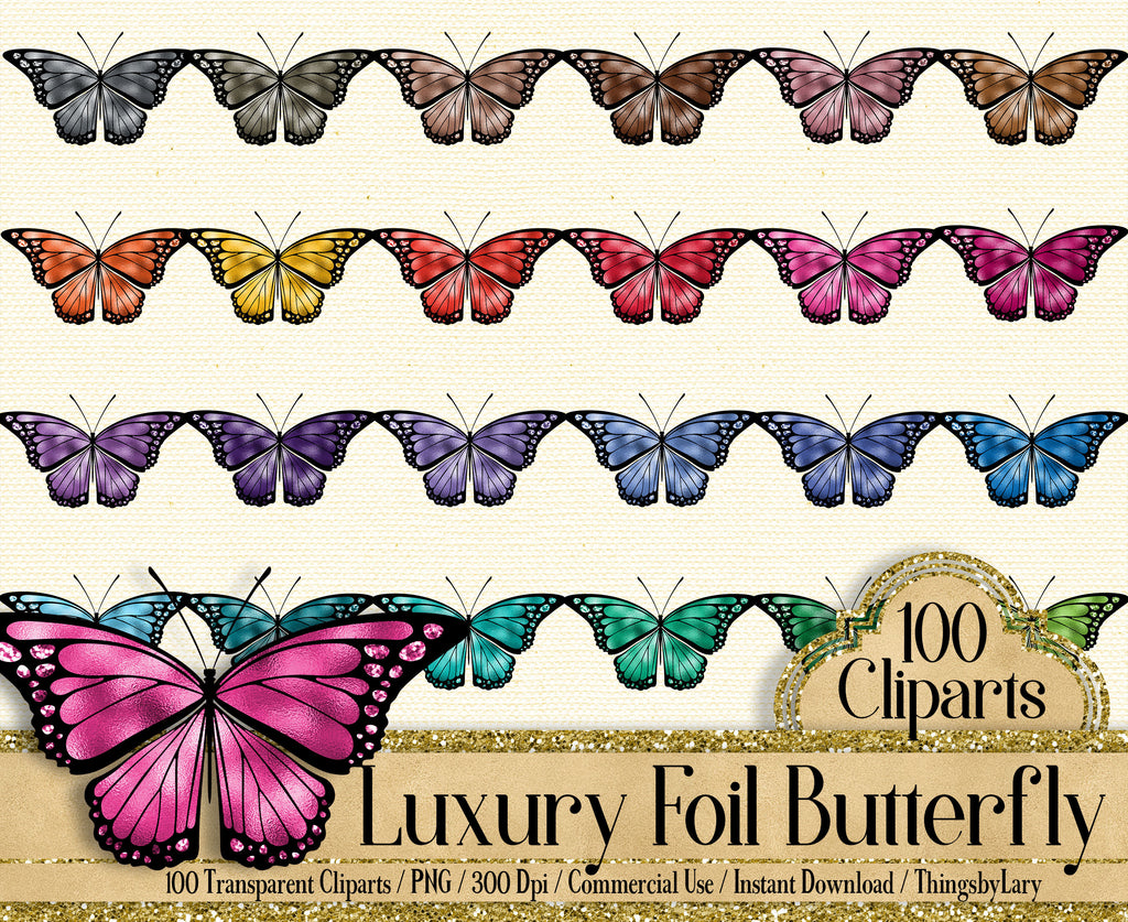 100 Luxury Foil Butterfly Cliparts, Planner Clipart, Colorful Butterfly Clipart, Wedding Graphic, Romantic Graphic, Butterfly Design