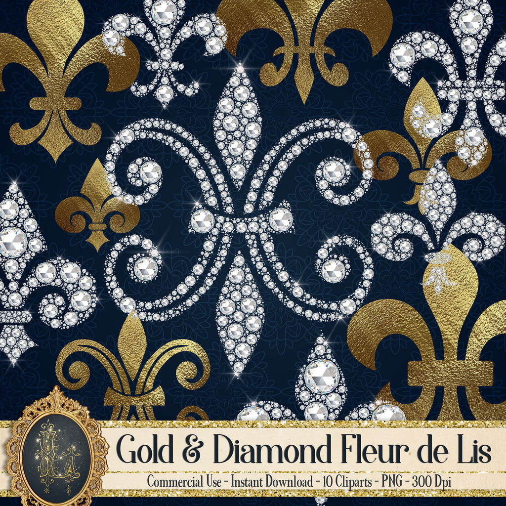 12 Gold and Diamond Fleur de Lis Royal Symbol 300 Dpi PNG Instant Download Commercial Use, Luxury Royal Ornament Decor Diamond Antique Gold