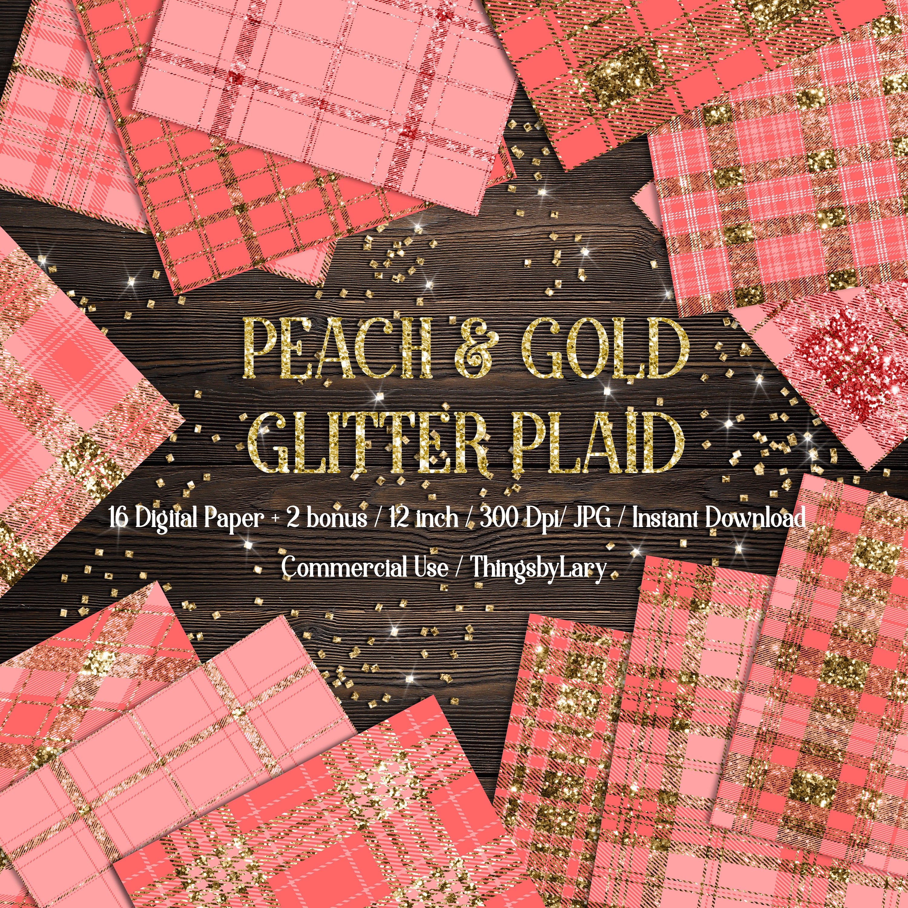 16 Gold Glitter and Peach Plaid Tartan digital paper pack 12inch 300 dpi commercial use instant download Bonus 1 Glitter Paper, Check Plaid